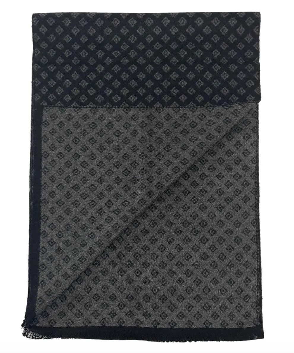 Black Grey Mens Unisex Repeat Diamond Print Scarf with Frayed Edge Personalised By Kuati Mayfair