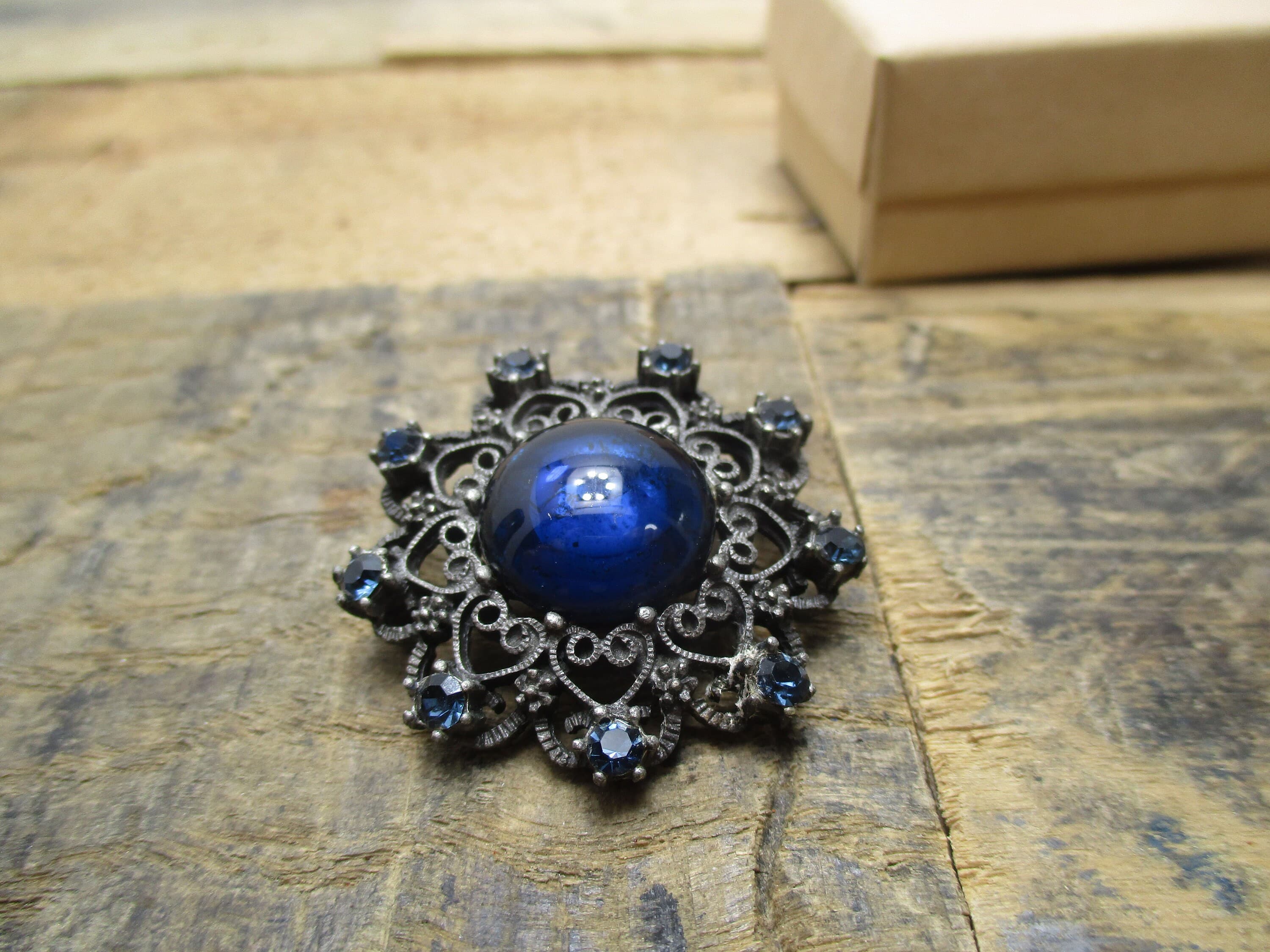 Beautiful Antique Brooch with Blue Cabochon Glass Stone and Blue Rhinestones. Perfect Way to Dress Up a Holiday Outfit! - image 5