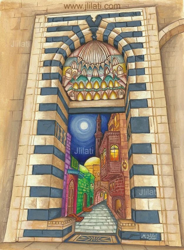 Original painting, Islamic art, Islam Muslim Artwork, Mosque, Syrian Egyptian Architecture, Aleppo Antique city, cityscape realism style