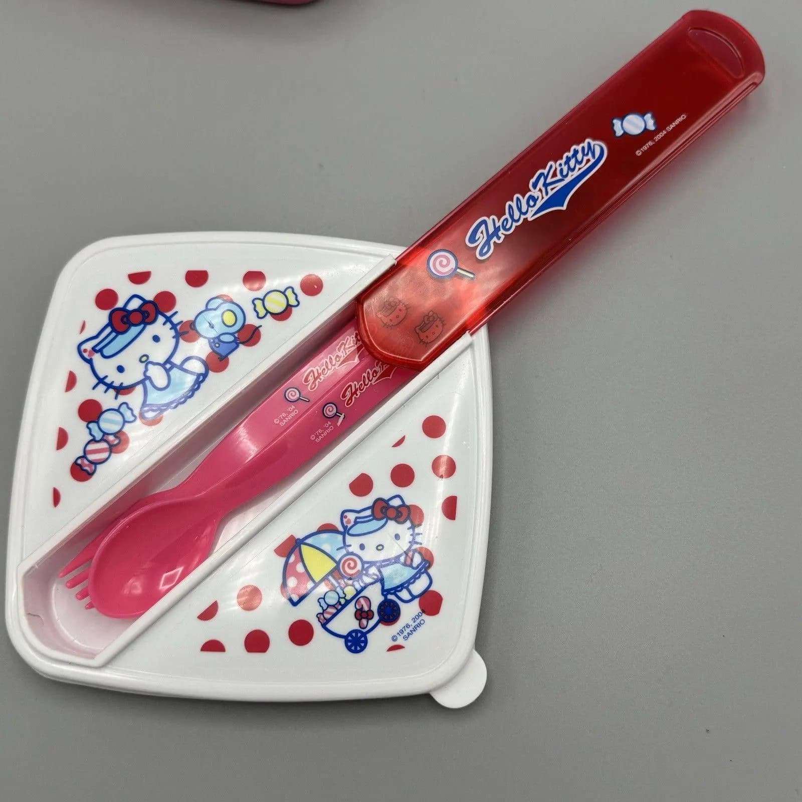 2004 Sanrio Hello Kitty Plastic Bento Lunch Box Container Fork Spoon Portable - image 5
