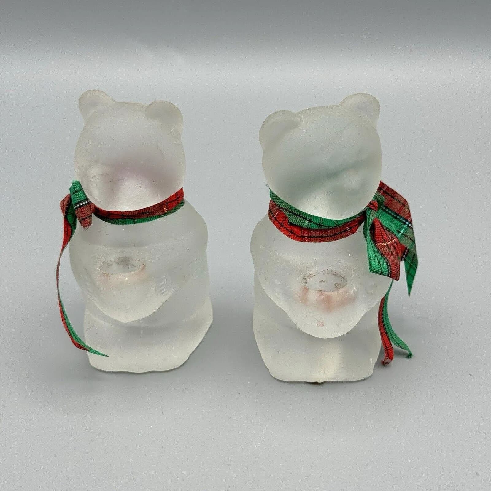 Vintage 2 R O C Frosted Glass Bears w Red Green Plaid Bows Mini Candle Holders - image 3