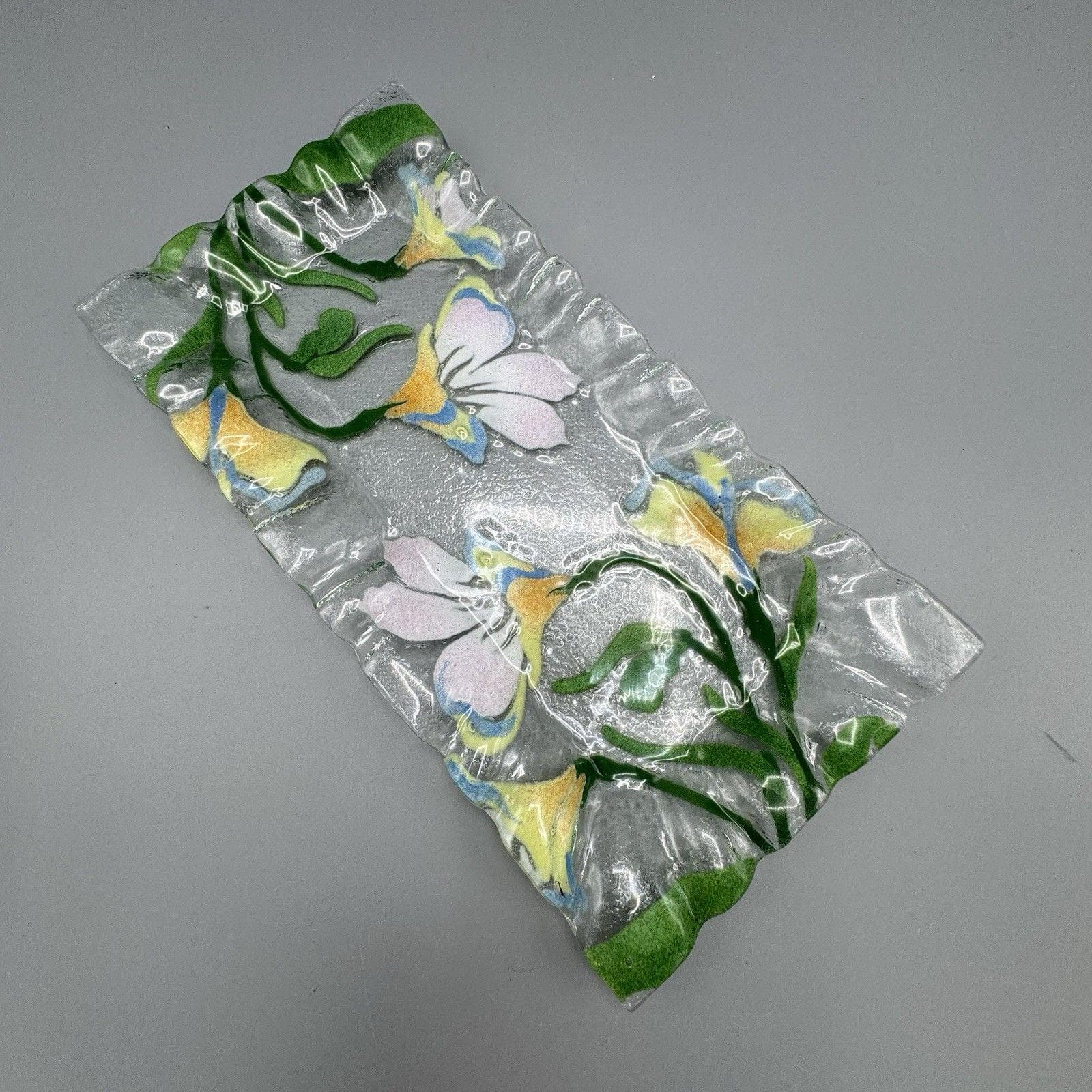 Vtg Rectangler Fused Glass Floral Springtime Design Trinket Dish Cottagecore 12" - image 5