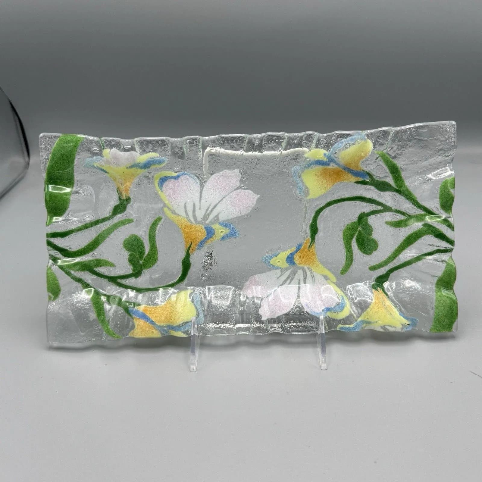 Vtg Rectangler Fused Glass Floral Springtime Design Trinket Dish Cottagecore 12" - image 2