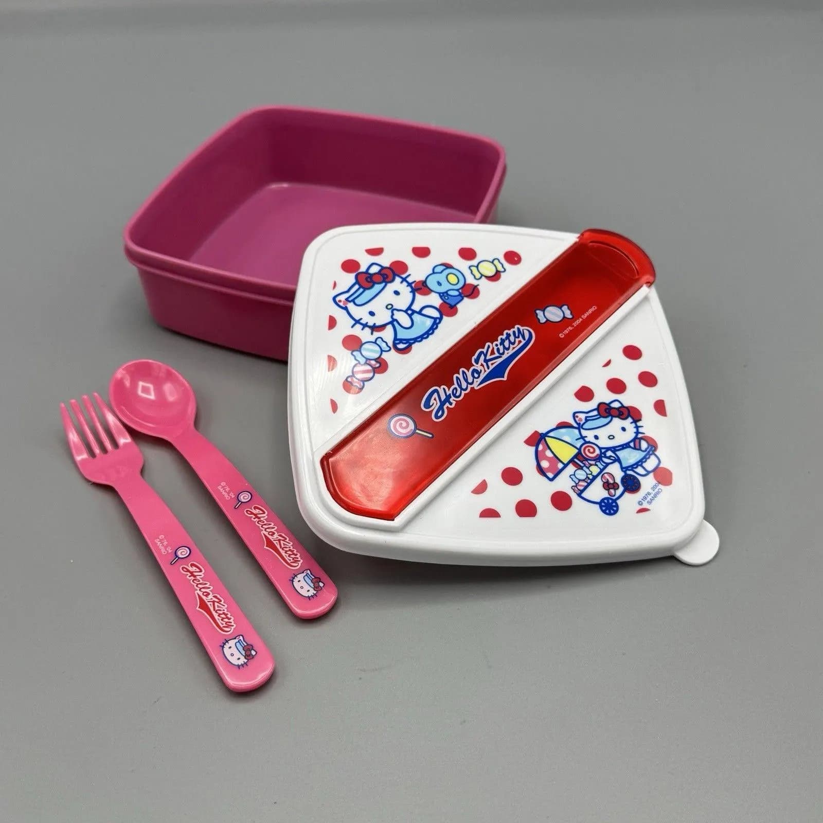 2004 Sanrio Hello Kitty Plastic Bento Lunch Box Container Fork Spoon Portable - image 3