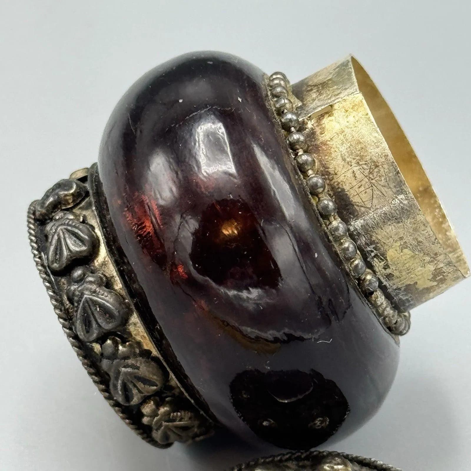 Vtg Bohemian Round Lidded Trinket Ring Snuff Box Glass Beaded Silver Tone 2" - image 2