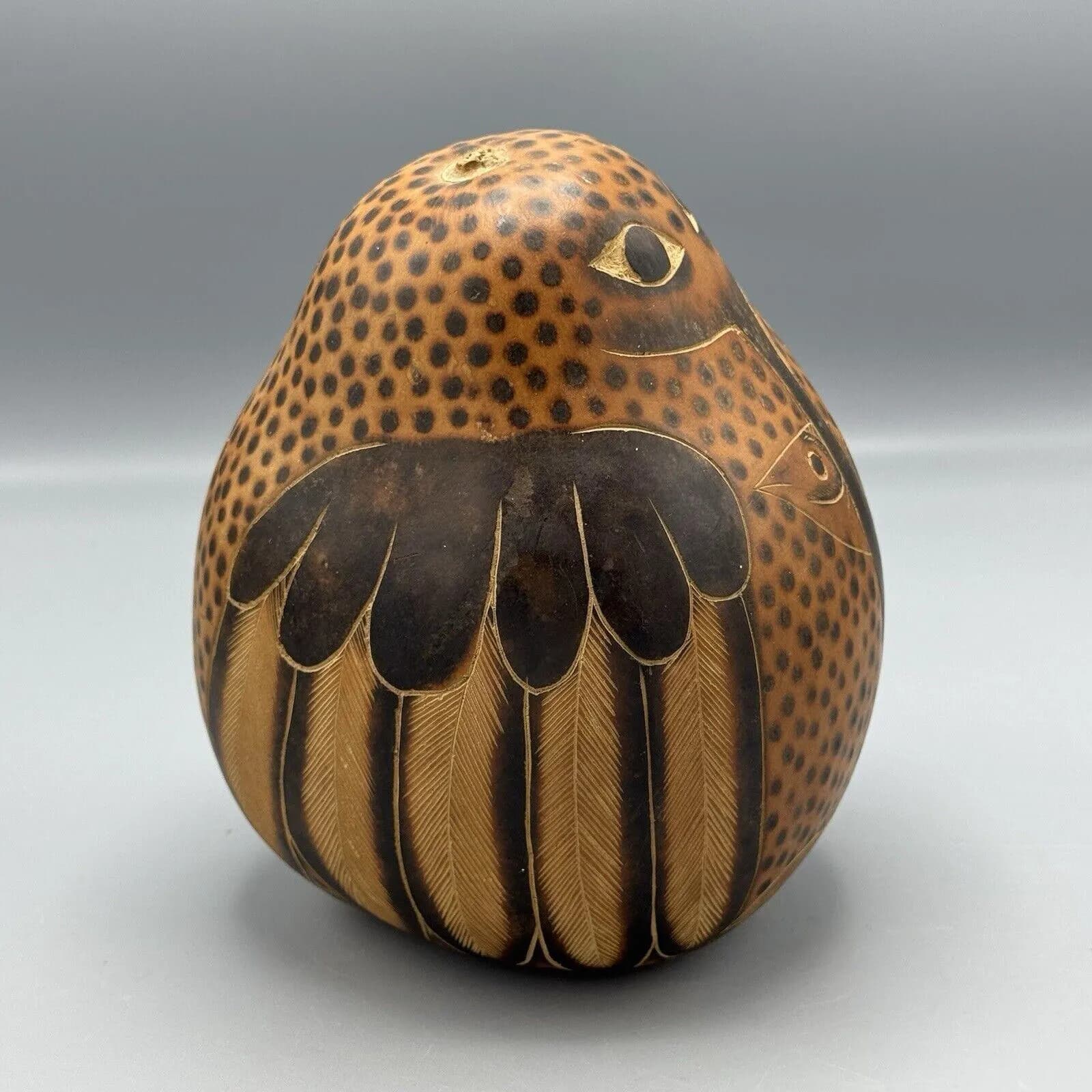 Hand Painted Carved South American Peru Kingfisher Gourd Calabash 7" Figurine - image 3
