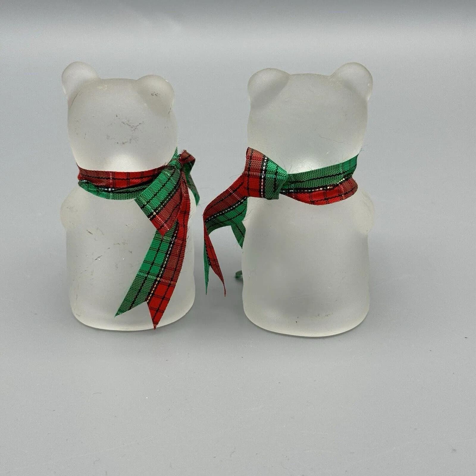 Vintage 2 R O C Frosted Glass Bears w Red Green Plaid Bows Mini Candle Holders - image 5