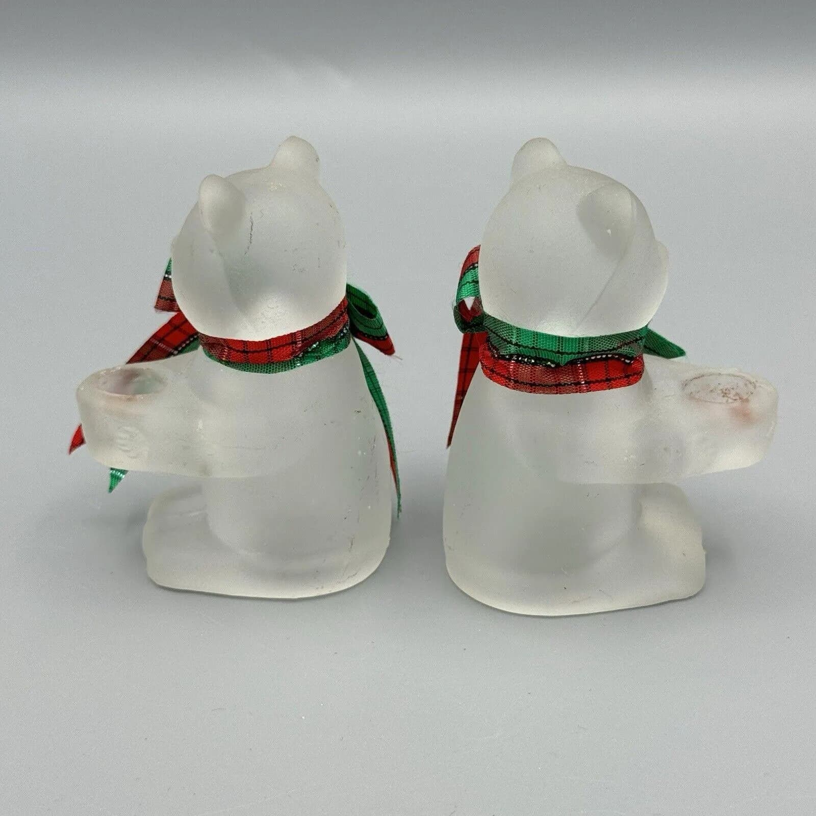 Vintage 2 R O C Frosted Glass Bears w Red Green Plaid Bows Mini Candle Holders - image 4