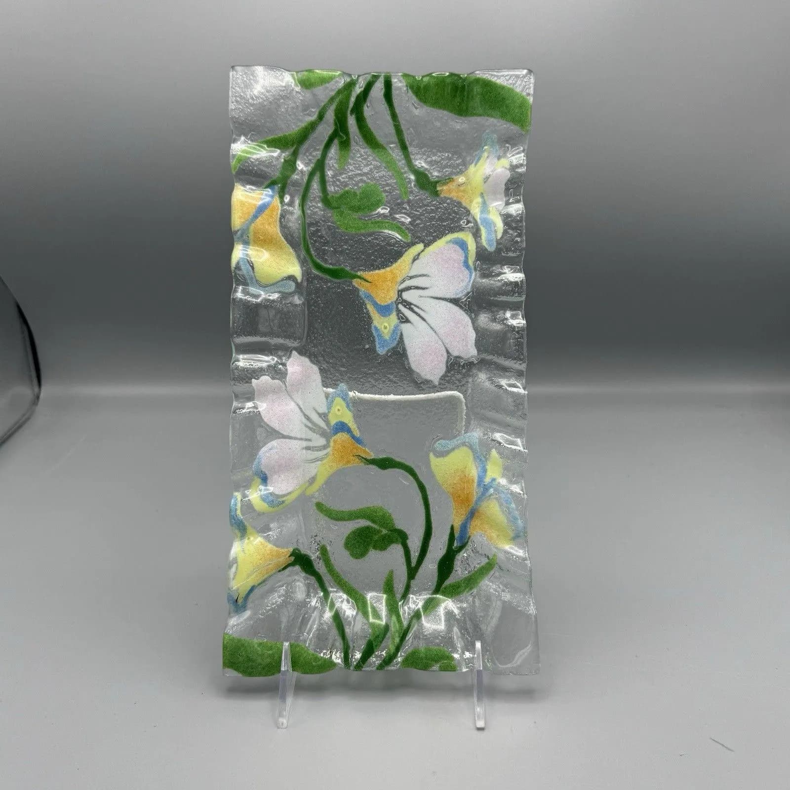 Vtg Rectangler Fused Glass Floral Springtime Design Trinket Dish Cottagecore 12"
