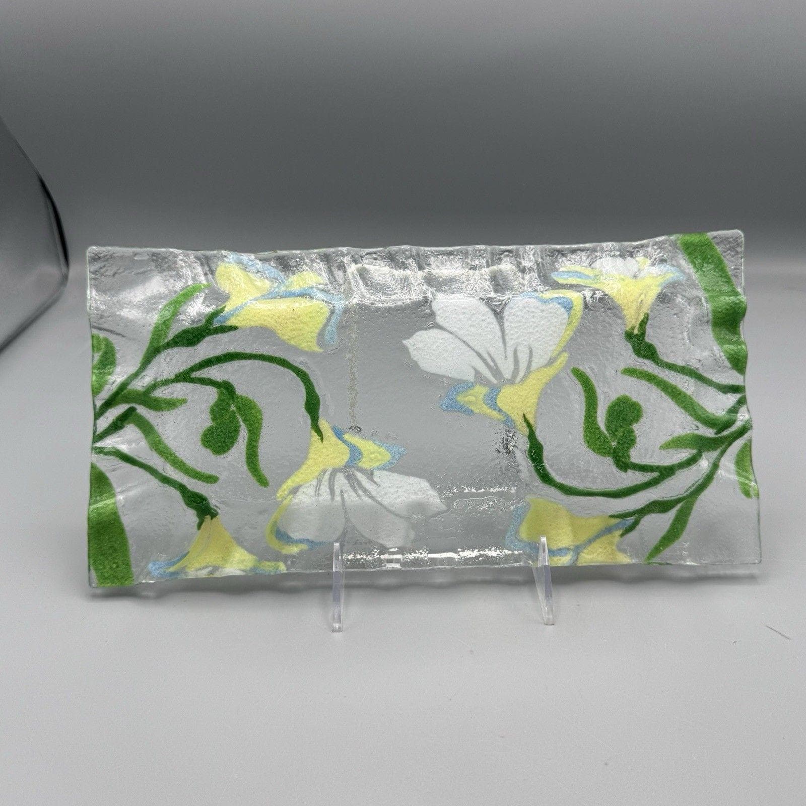 Vtg Rectangler Fused Glass Floral Springtime Design Trinket Dish Cottagecore 12" - image 3