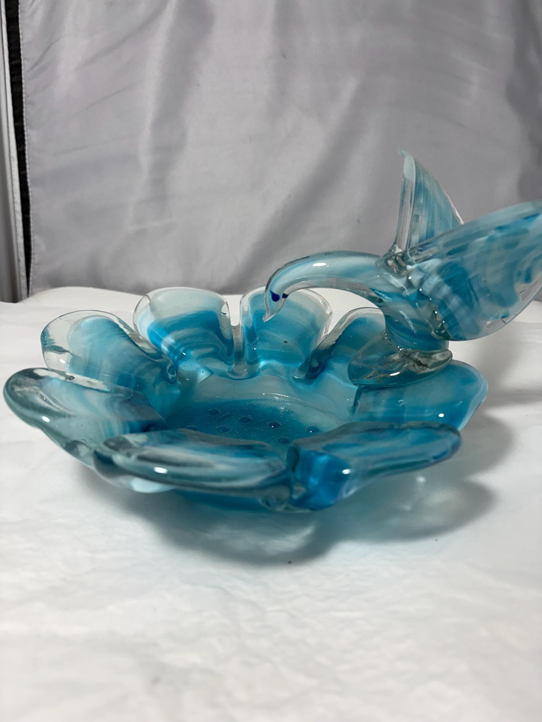 Turquoise Murano Style Glass Bird Dish, vintage Italian art glass, swirl blue white, trinket bowl, ashtray, heavy sculptural decor