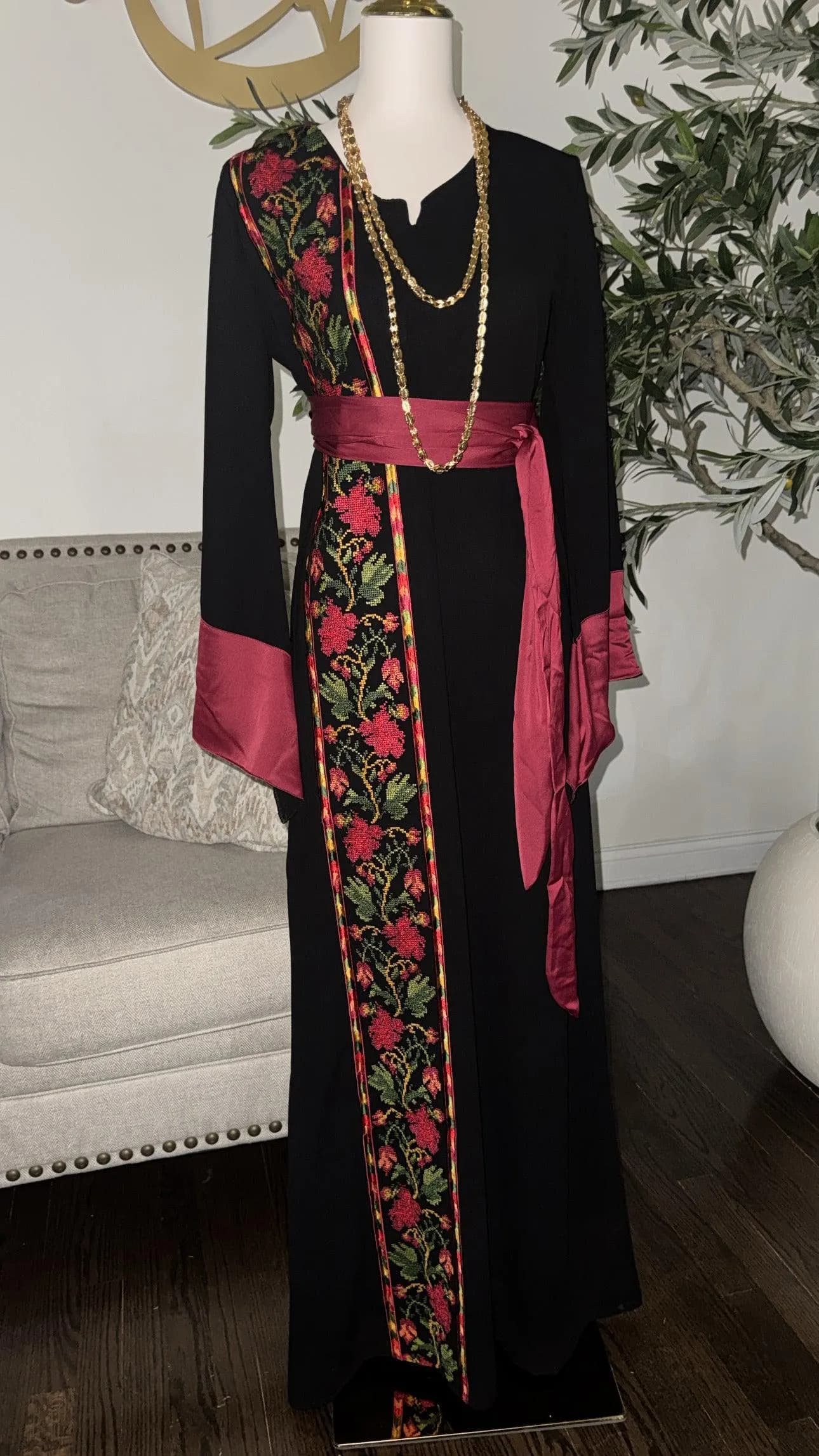 Embroidered Palestine tatreez Shade of burgundy roses with belt