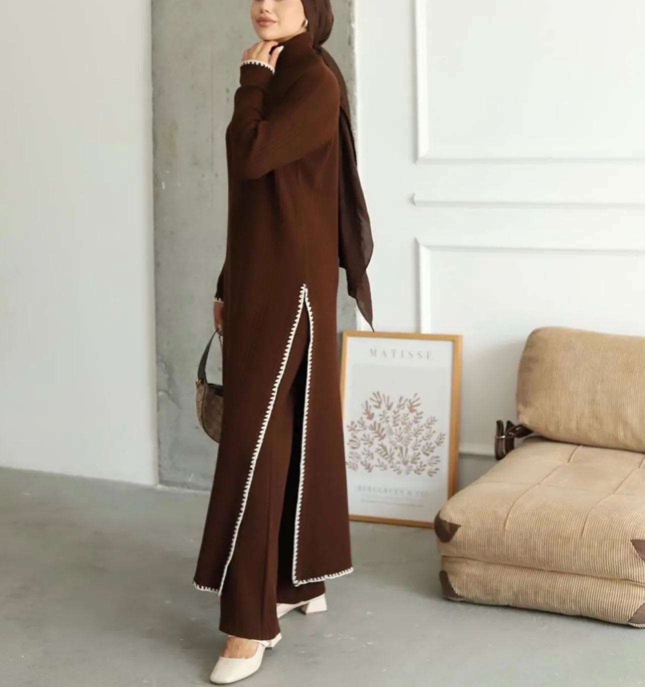 2 Pcs Knit-Crochet Details Pants Set Turtleneck Full Length top
