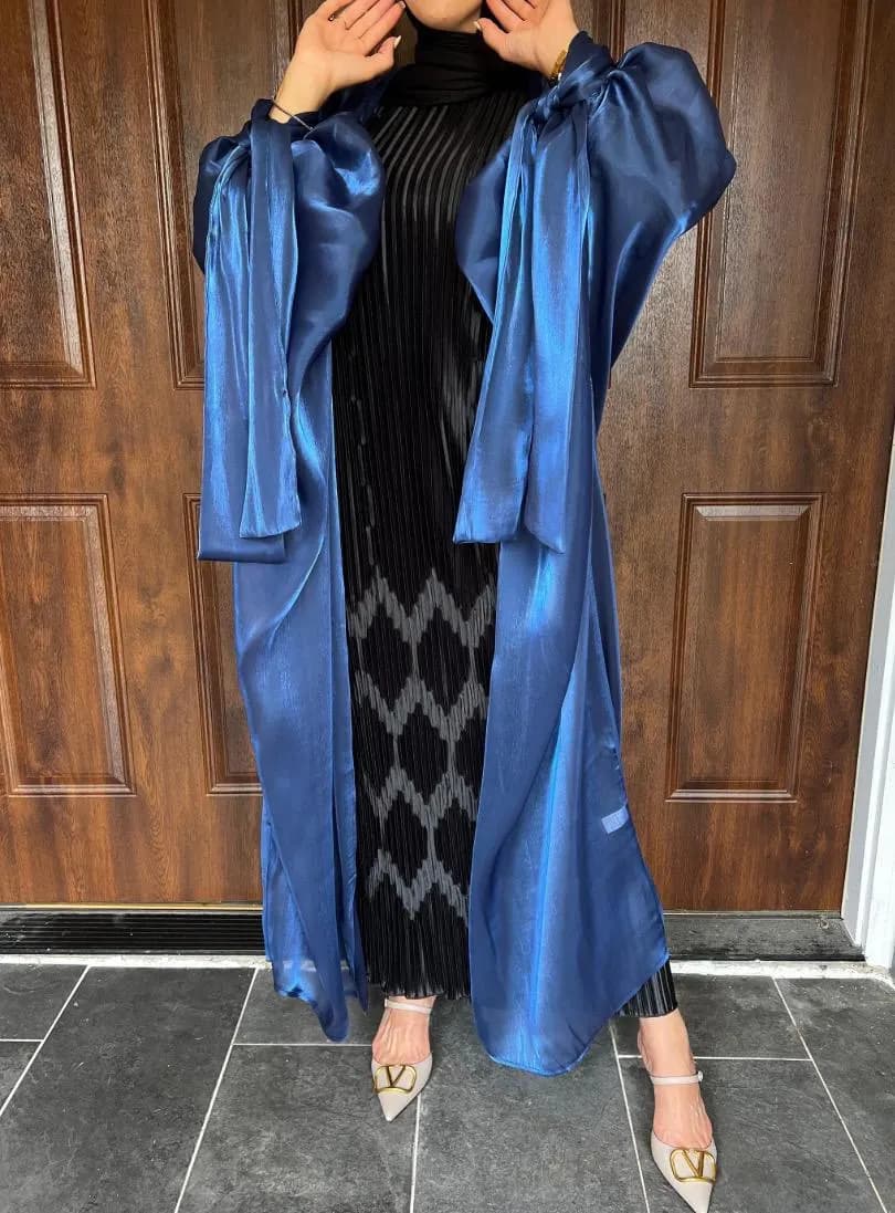 Shiny Puff tied Sleeve Organza Open Abaya | Eid Ramadan abaya | bridal abaya | shinny abaya - image 3