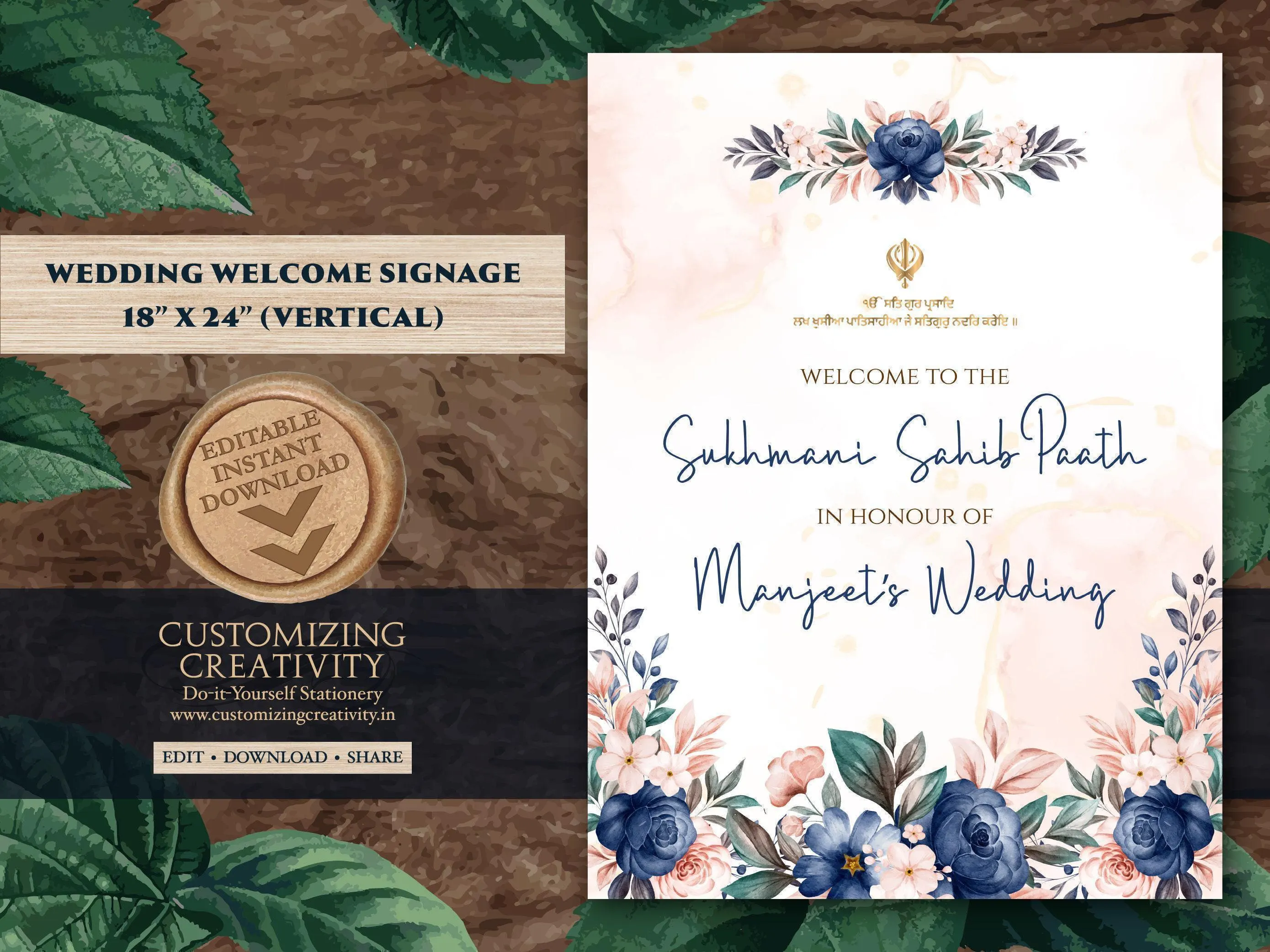 Sukhmani Sahib Path Welcome Sign: Floral Sikh Wedding (Digital Download) - image 4