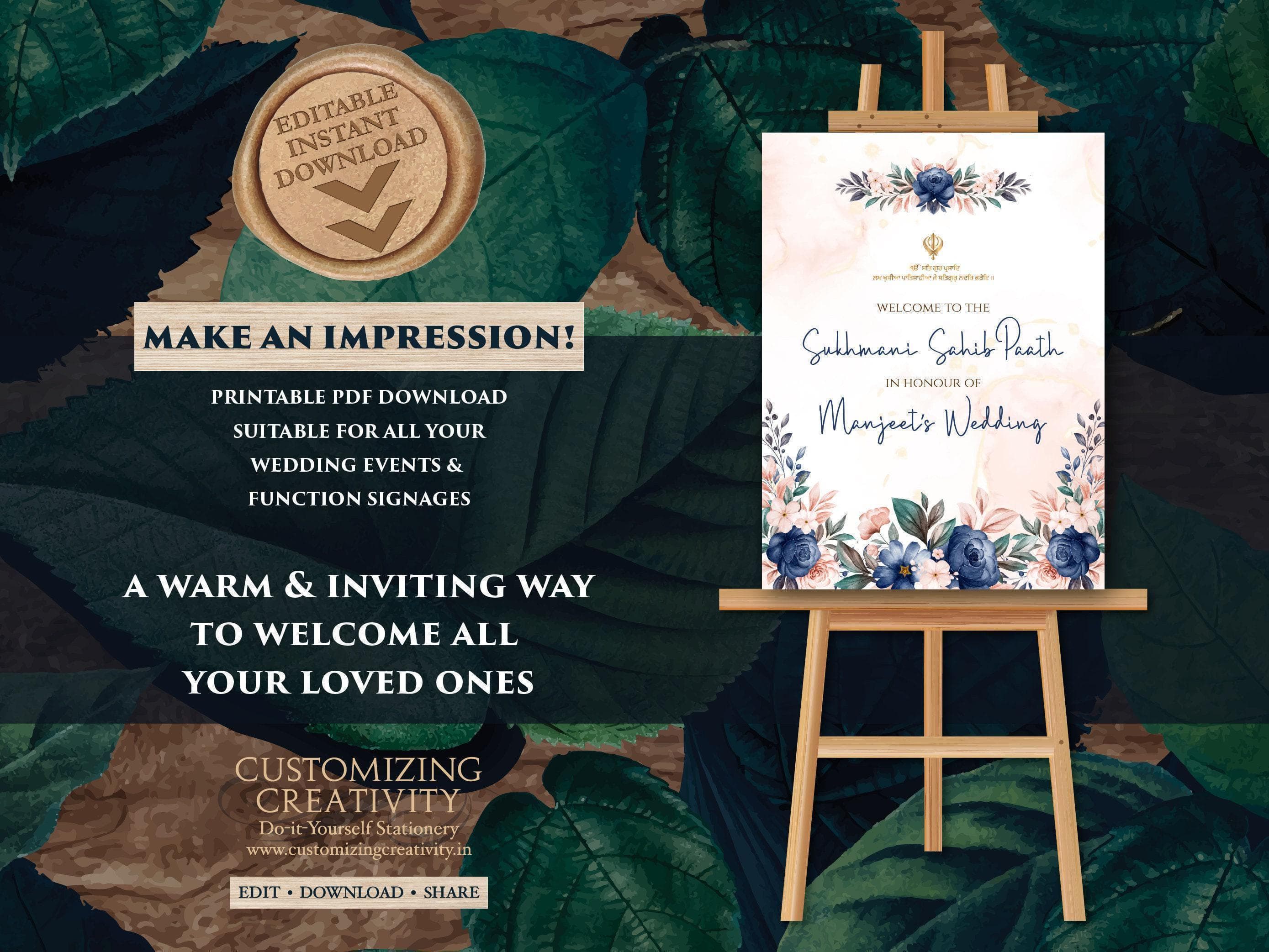 Sukhmani Sahib Path Welcome Sign: Floral Sikh Wedding (Digital Download) - image 2