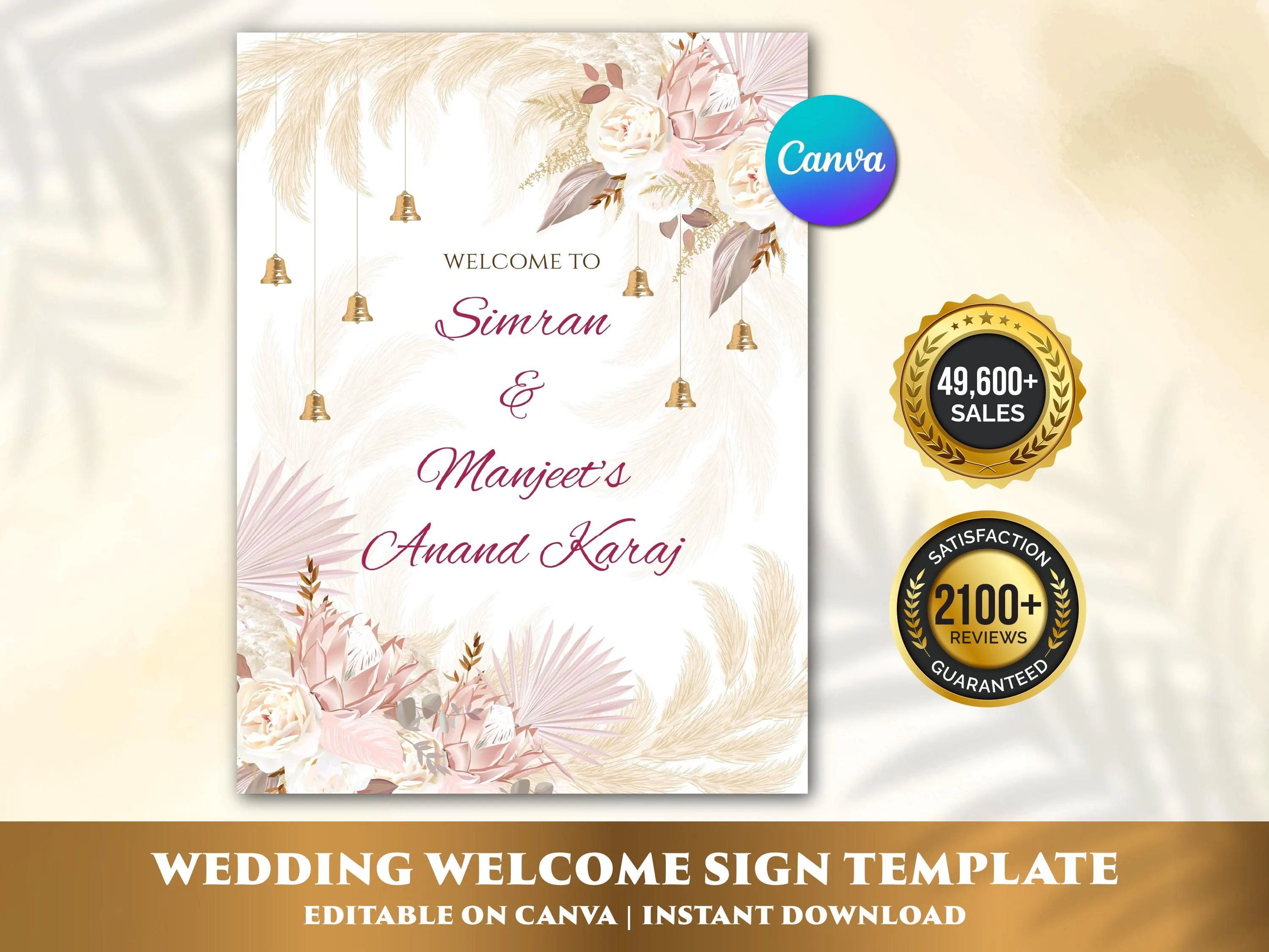 Anand Karaj welcome sign Canva template on cream background with pampas grass, blush protea, cream roses and hanging gold bells, with 49,600+ sales and 2100+ reviews gold badges