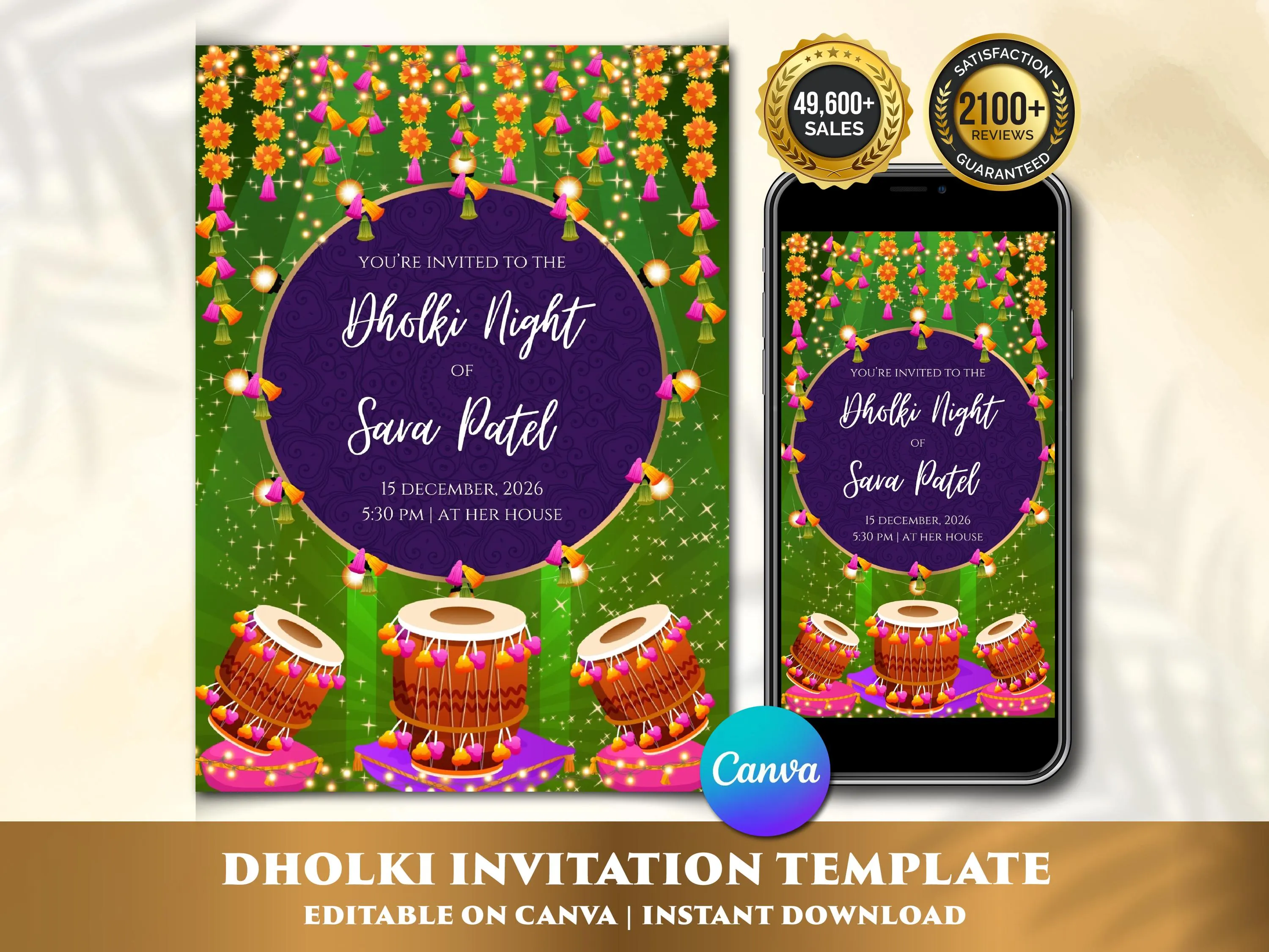 Dholki Night invitation template product image showing printed card and phone screen side by side. Emerald green fairy light background with hanging marigold tassel garlands, purple circular mandala frame, white script Dholki Night of Sava Patel heading, and three dholki drums on cushions at base. Two gold trust badges show 49,600+ Sales and 2,100+ Reviews. Gold footer reads Dholki Invitation Template Editable on Canva Instant Download.