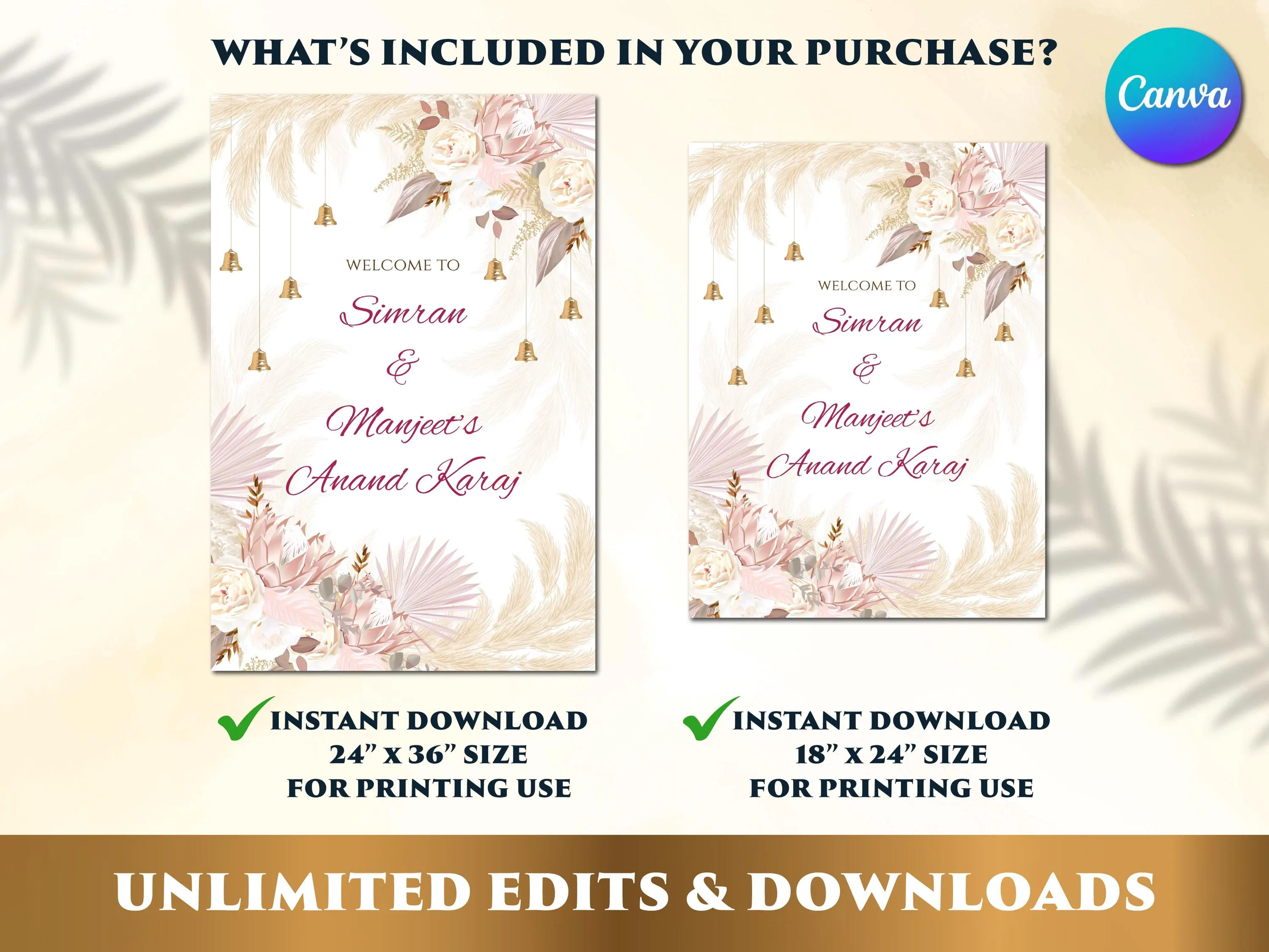 Two sizes included — 24x36 inch and 18x24 inch Anand Karaj welcome sign printable templates side by side showing boho pampas and gold bell design