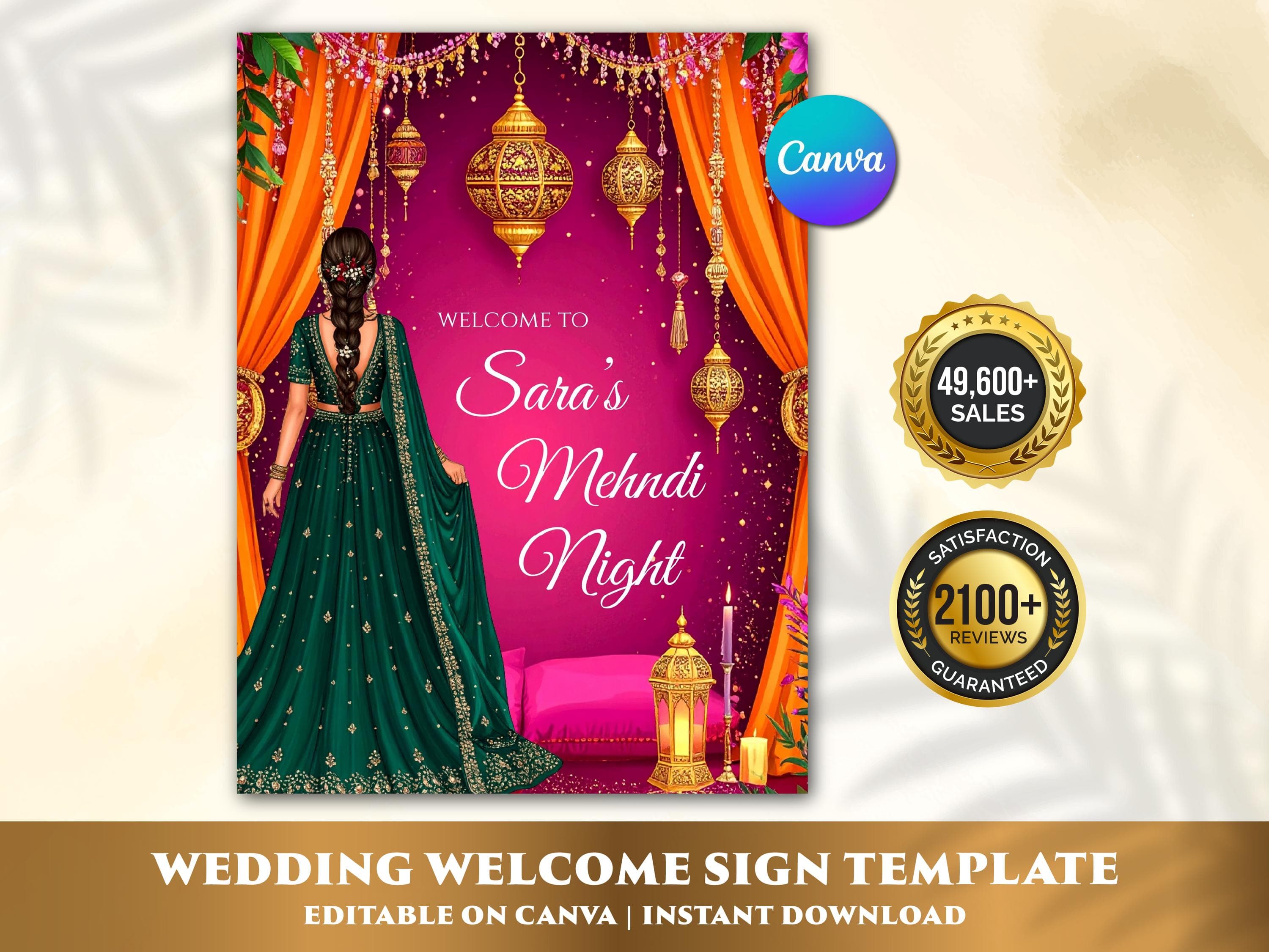 Indian Mehndi Night wedding welcome sign Canva template with emerald green bridal lehenga illustration, magenta background, gold lanterns and orange drapes, shown with 49,600+ sales and 2,100+ five-star review badges — instant download printable