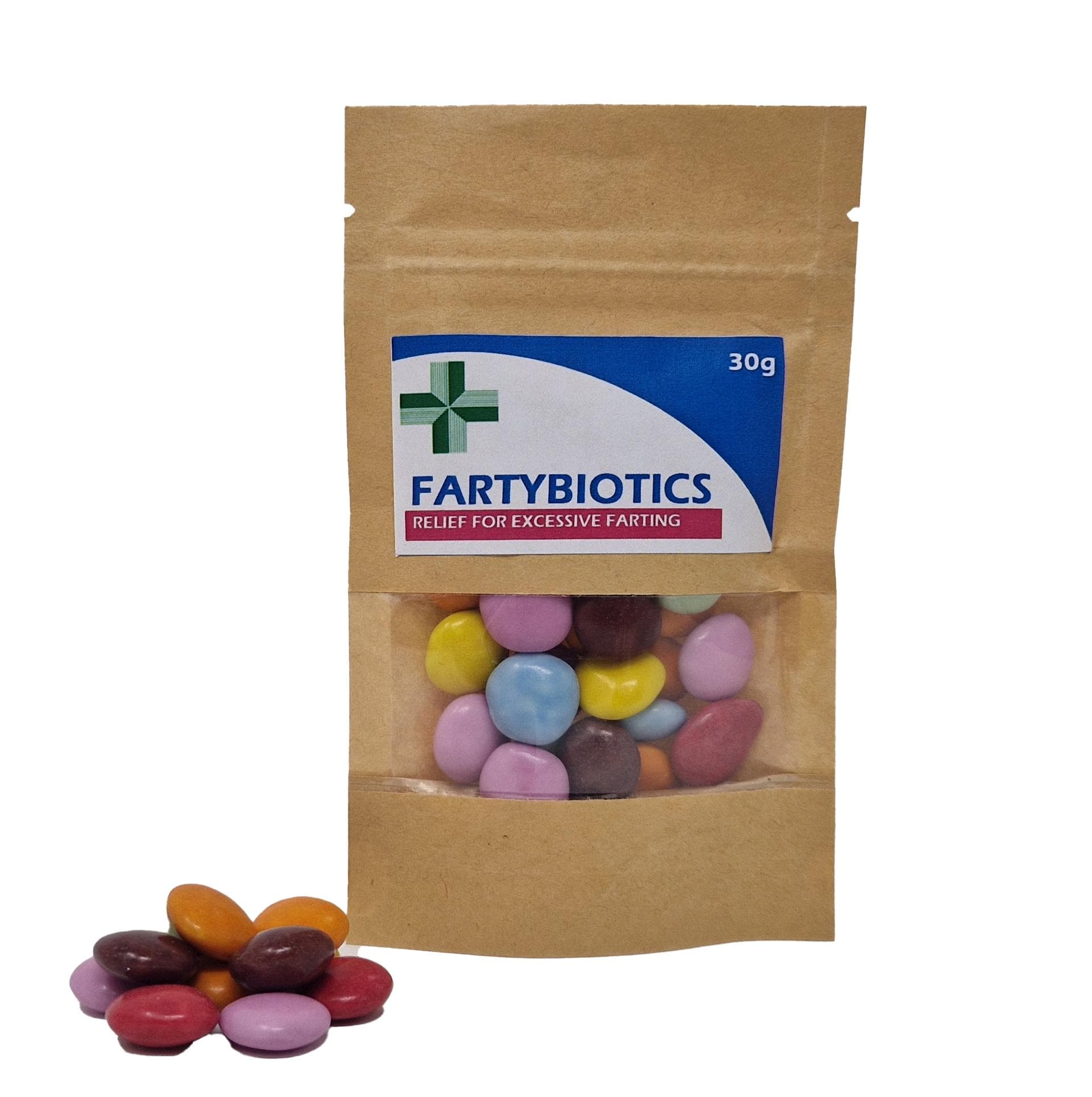 Funny novelty sweet bag labeled 'Anti-Farting & Anti-Moaning Old Git Pills' – a hilarious gag gift featuring a bold, cheeky design. Includes approx. 35g of colourful Smarties in the pre-filled option, or choose an empty bag to fill with your own treats. Perfect for birthdays, retirements, or any fun occasion. A lighthearted chocolate joke gift guaranteed to bring laughs to friends and family of all ages