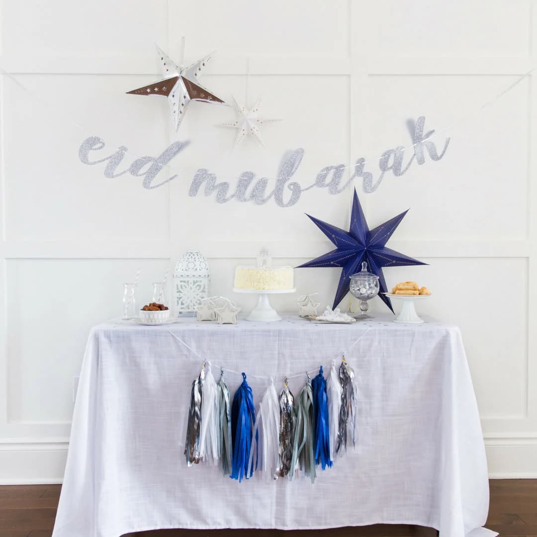 Silver Eid Banner, Eid decoration, Eid garland, Cursive silver Glitter Eid banner,