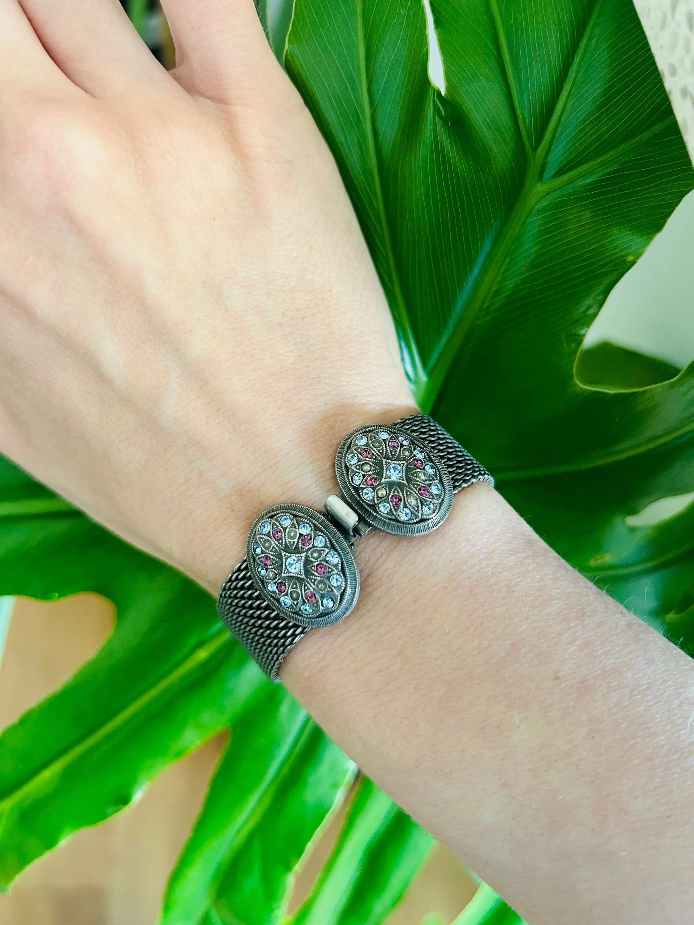 Victorian Style Mesh Bracelet, Blue & Purple Rhinestone, 7" Statement Jewelry