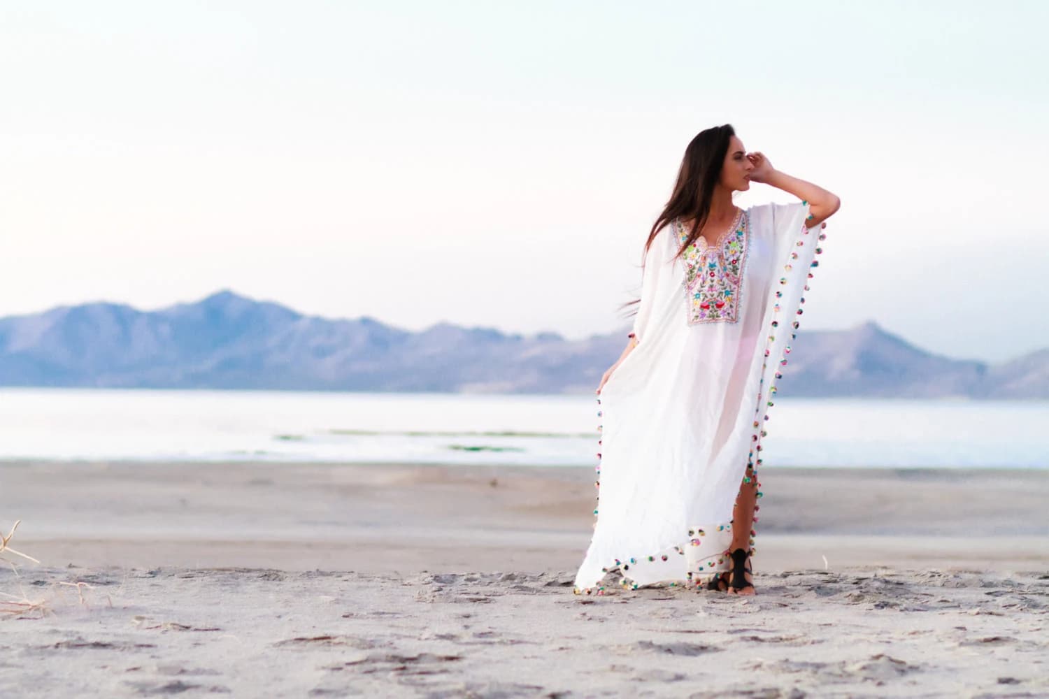 Embroidered Boho Kaftan Dress, White Maxi, Plus Size Beach Cover Up - image 3