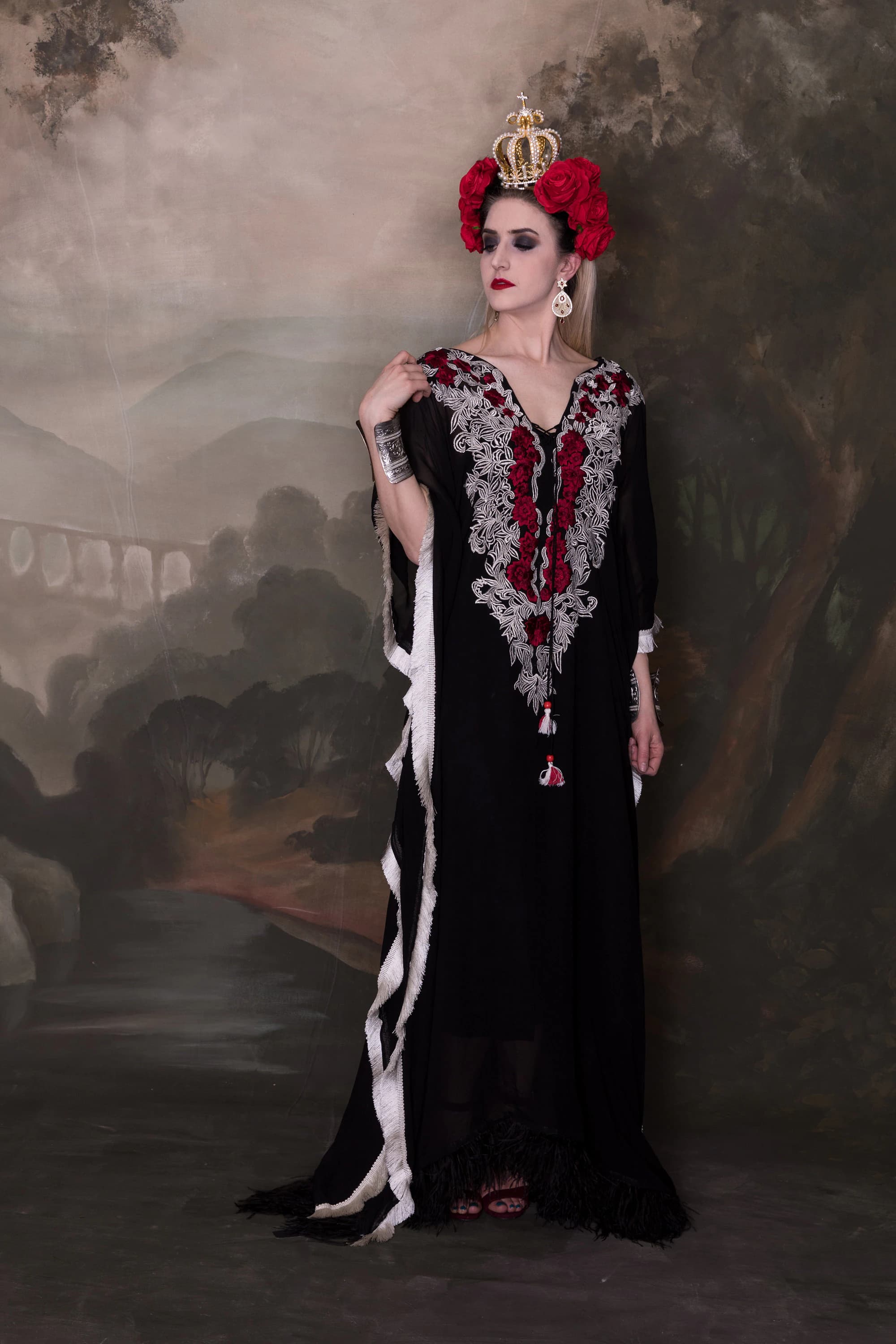 Embroidered Black Viscose Kaftan Dress, Plus Size Maxi - image 3