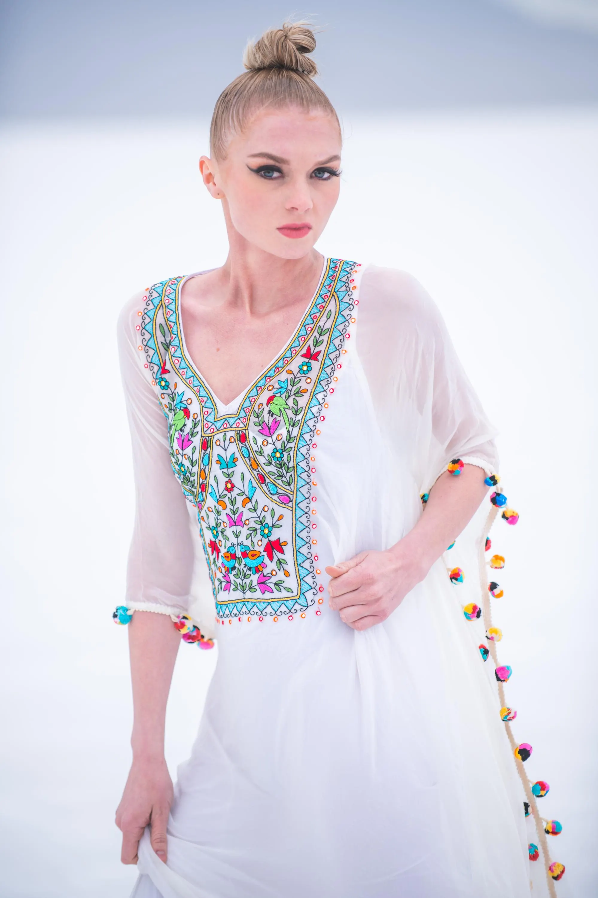 Embroidered Boho Kaftan Dress, White Maxi, Plus Size Beach Cover Up - image 5