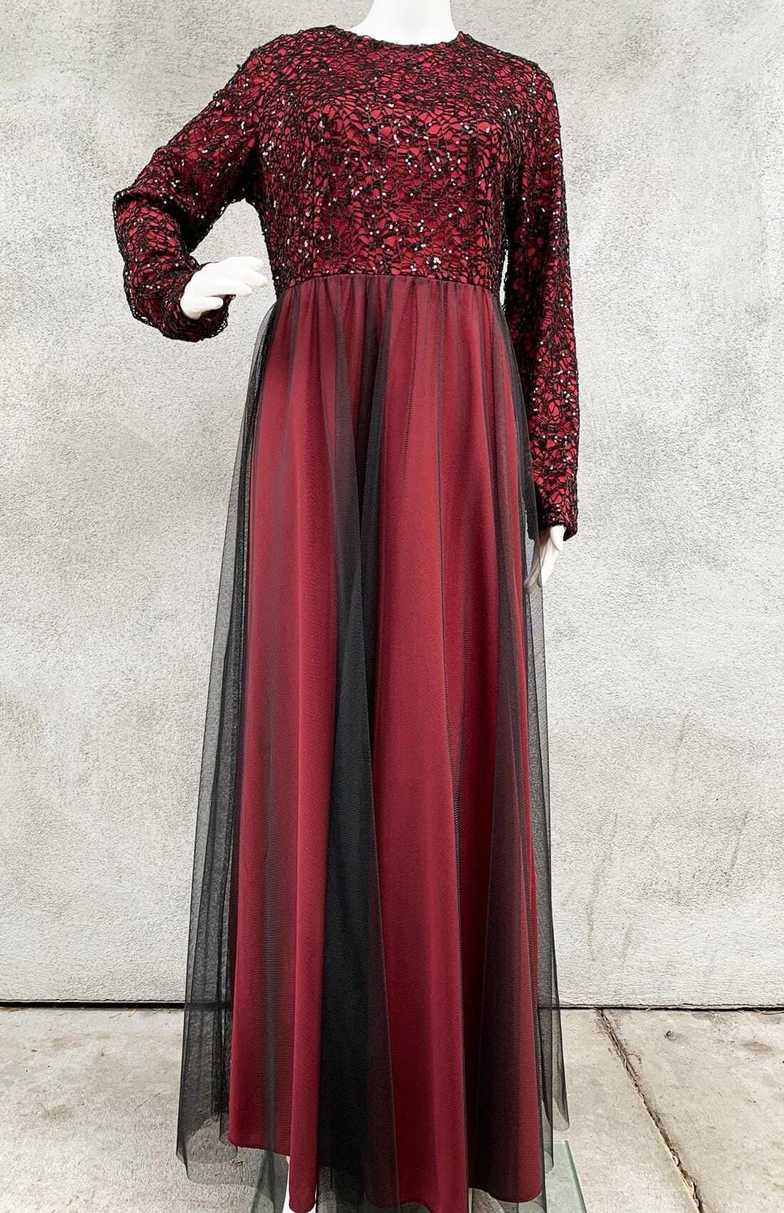 AVA RED Lace Top, Tulle skirt Long Sleeves Maxi Dress Modest Islamic Dress