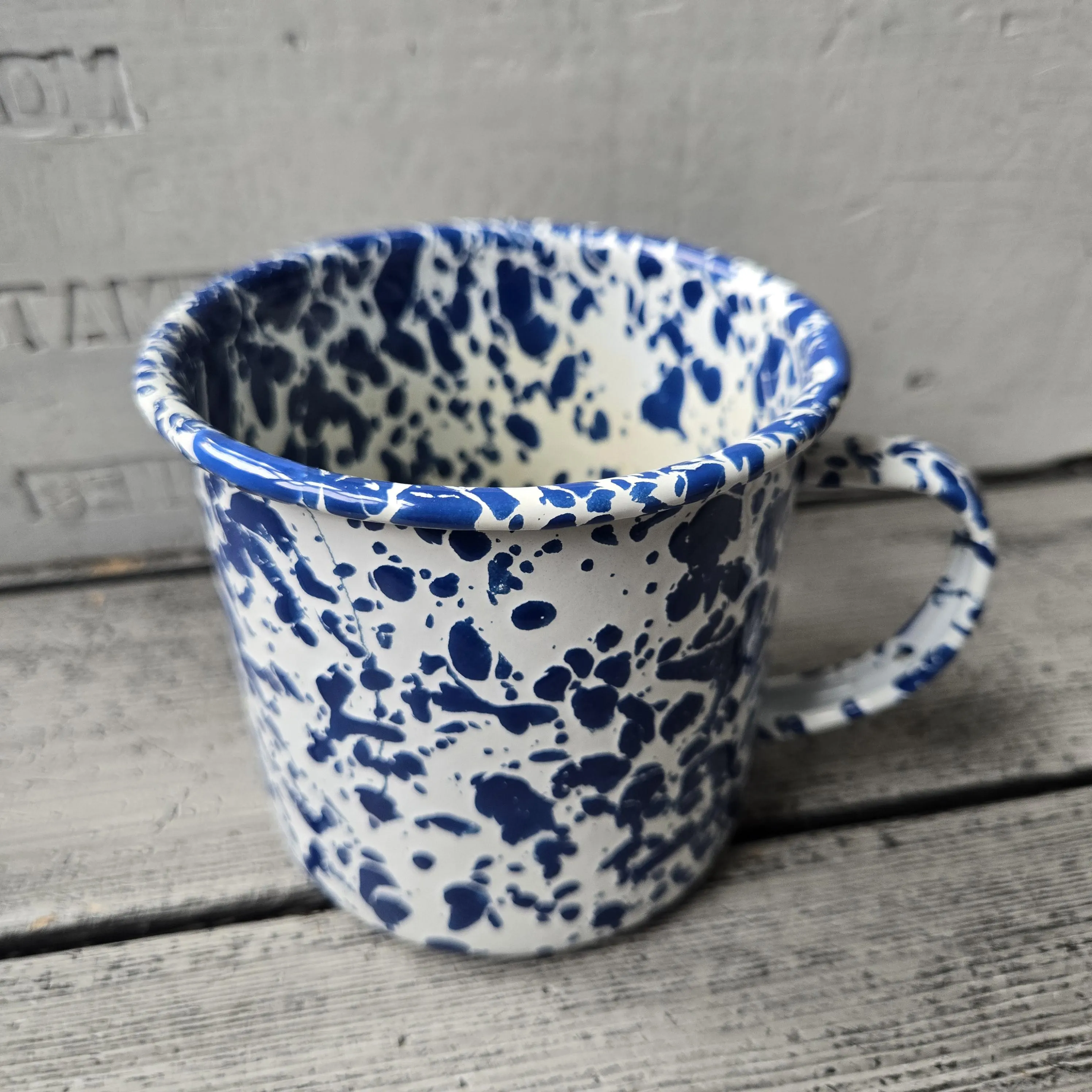 Blue and white enamelware metal cup, splatter blue and white camping cup, vintage tin enamelware mug, marbled blue and white camping mug