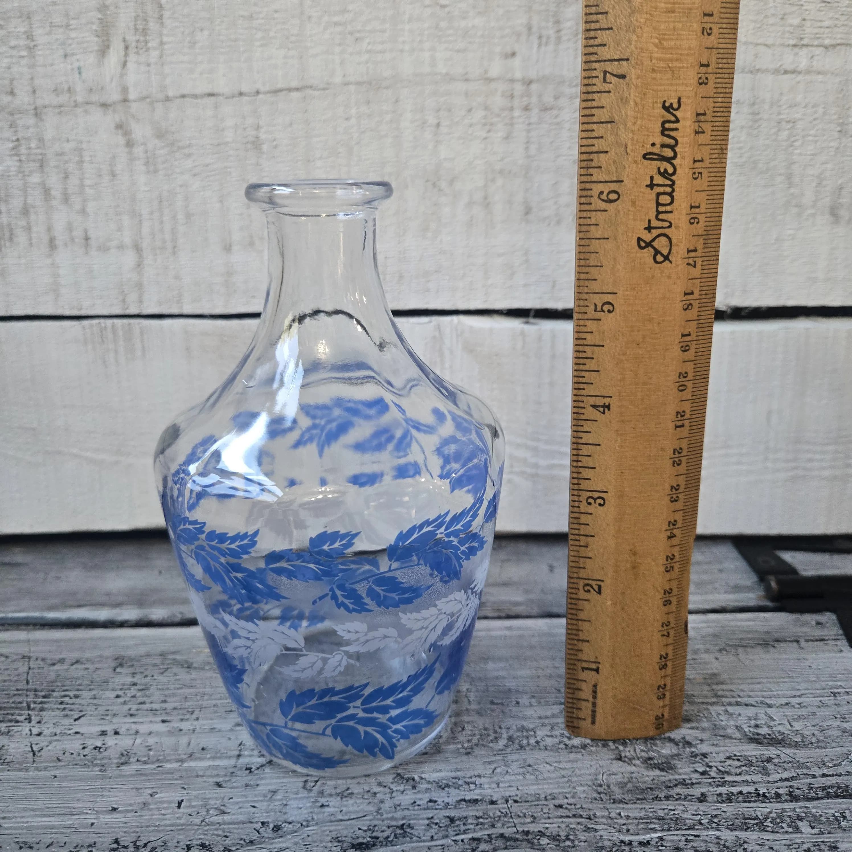 Vintage blue leaf glass vase or decanter from France, small French decanter (no stopper), small blue leaf bud vase, French decanter vintage
