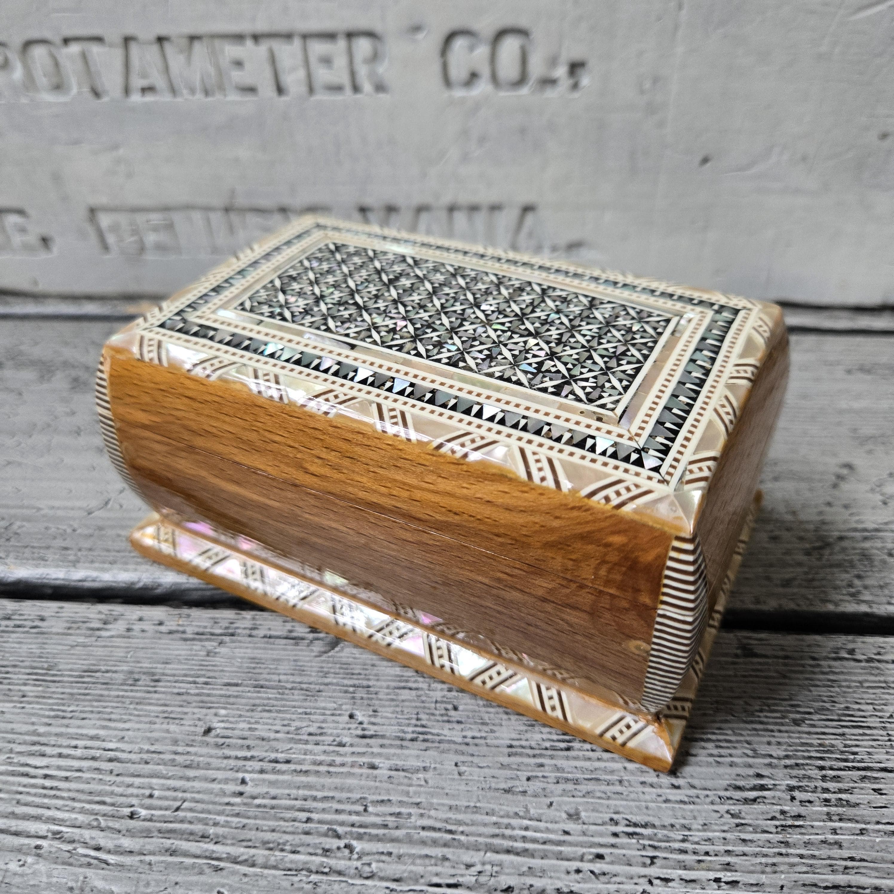 Vintage inlaid mother of pearl mosaic trinket box, vintage wood and mosaic box, vintage mother of pearl, wood and pearl trinket box vintage