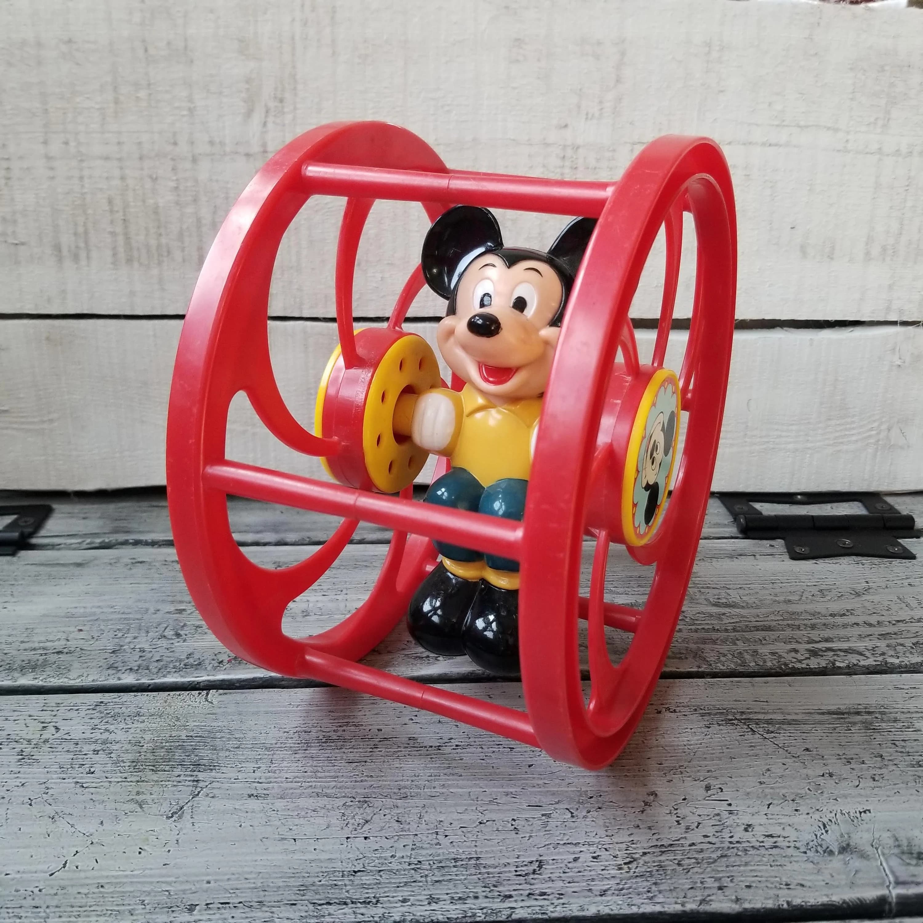 Mickey Mouse rolling red toy, vintage Mickey Mouse toy, vintage Mickey Mouse rattle push toy, Mickey Mouse collectible toy, Illco toy