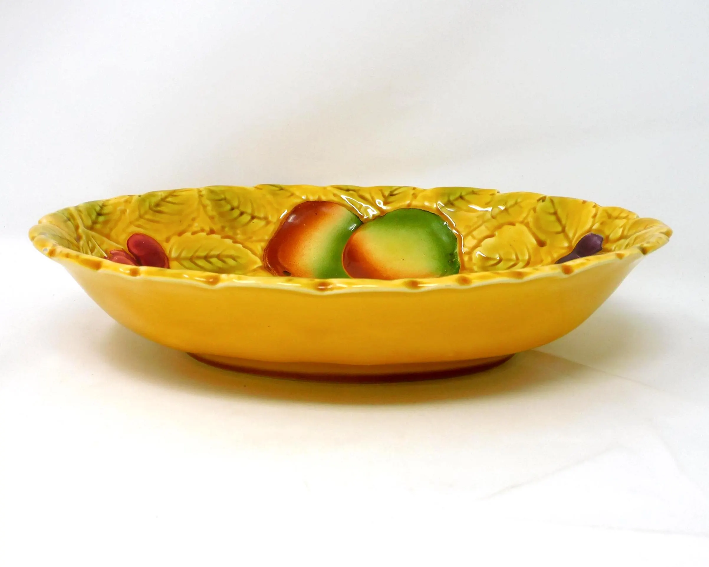 Vintage French Sarreguemines Majolica Serving Bowl, Grape Vine Leaf Pattern, Yellow Ceramic Fruit Dish - image 3