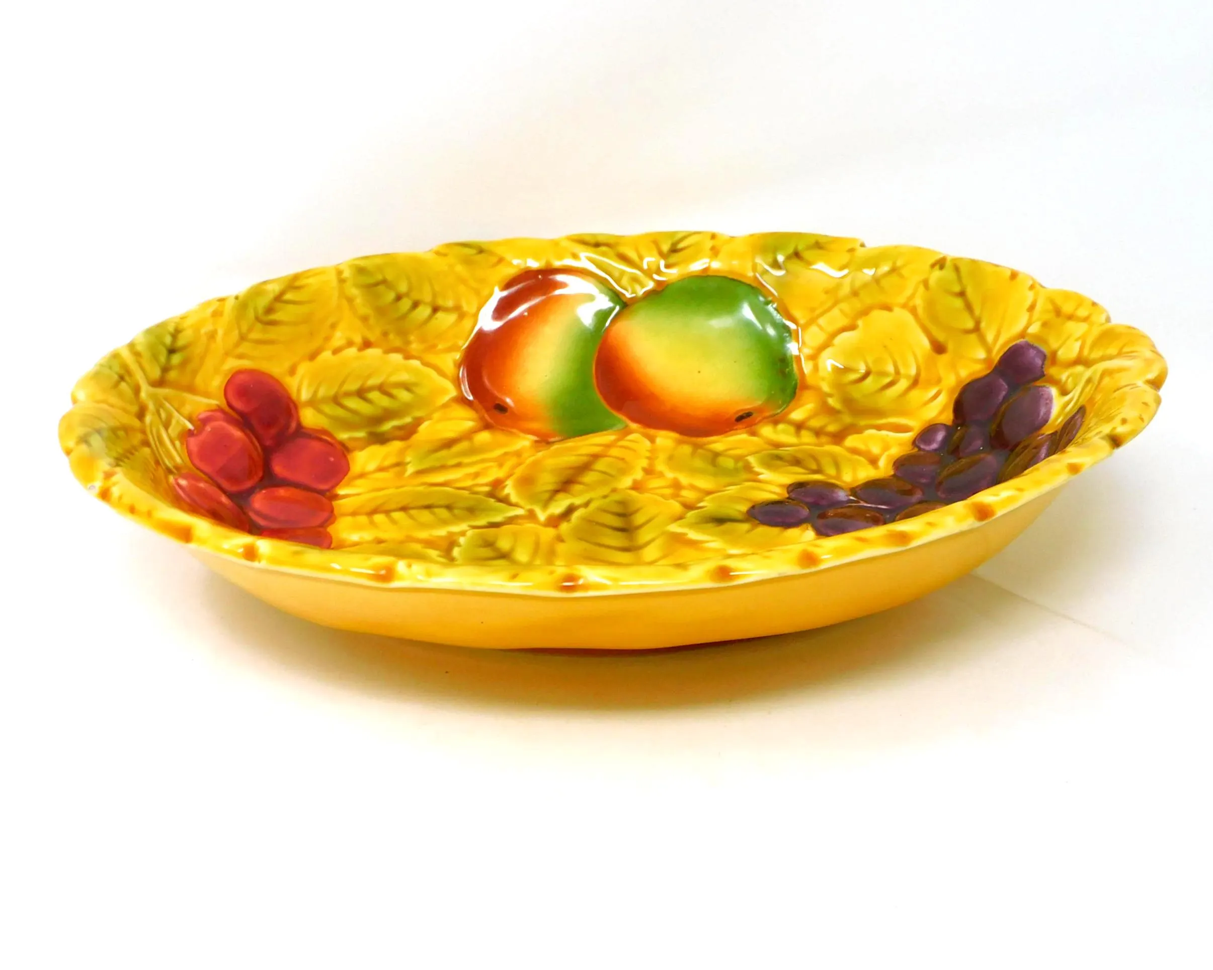 Vintage French Sarreguemines Majolica Serving Bowl, Grape Vine Leaf Pattern, Yellow Ceramic Fruit Dish - image 4