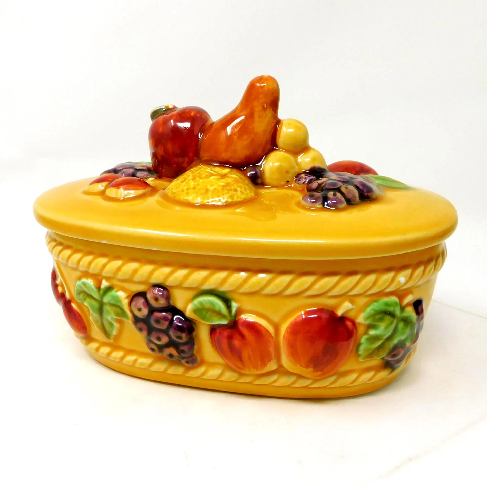French Sarreguemines Majolica Lidded Dish Fruit Decor Covered Box Yellow Ceramic Trinket Bonbon Dish - image 5