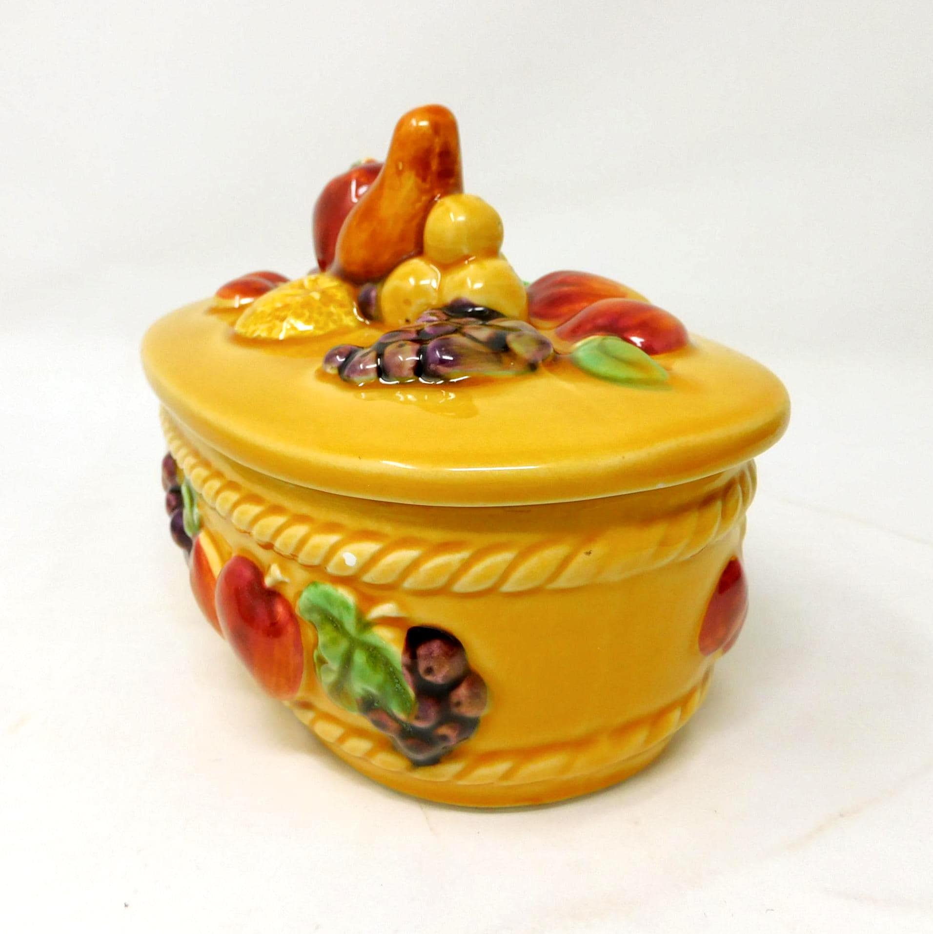 French Sarreguemines Majolica Lidded Dish Fruit Decor Covered Box Yellow Ceramic Trinket Bonbon Dish - image 4