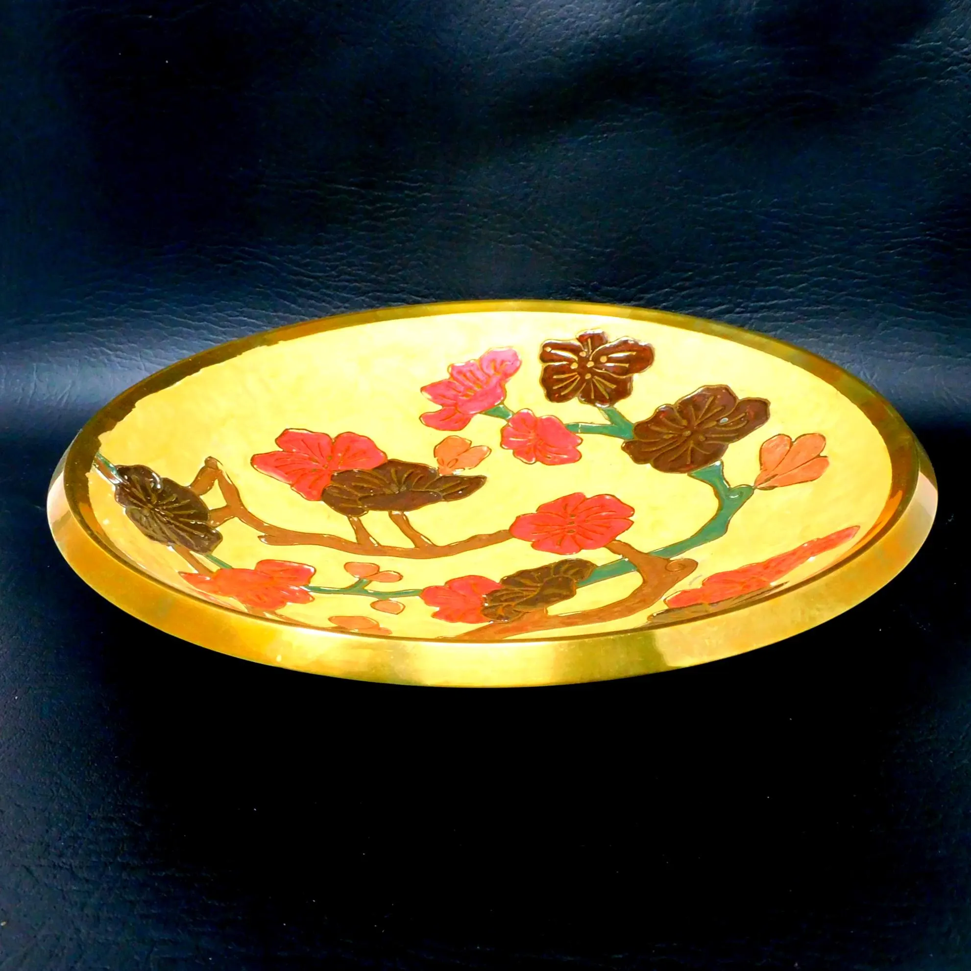 Vintage Hand-Enamelled Brass Floral Bowl, Decorative Lotus Design, 10" Diameter, Mid-Century Enamelware - image 4
