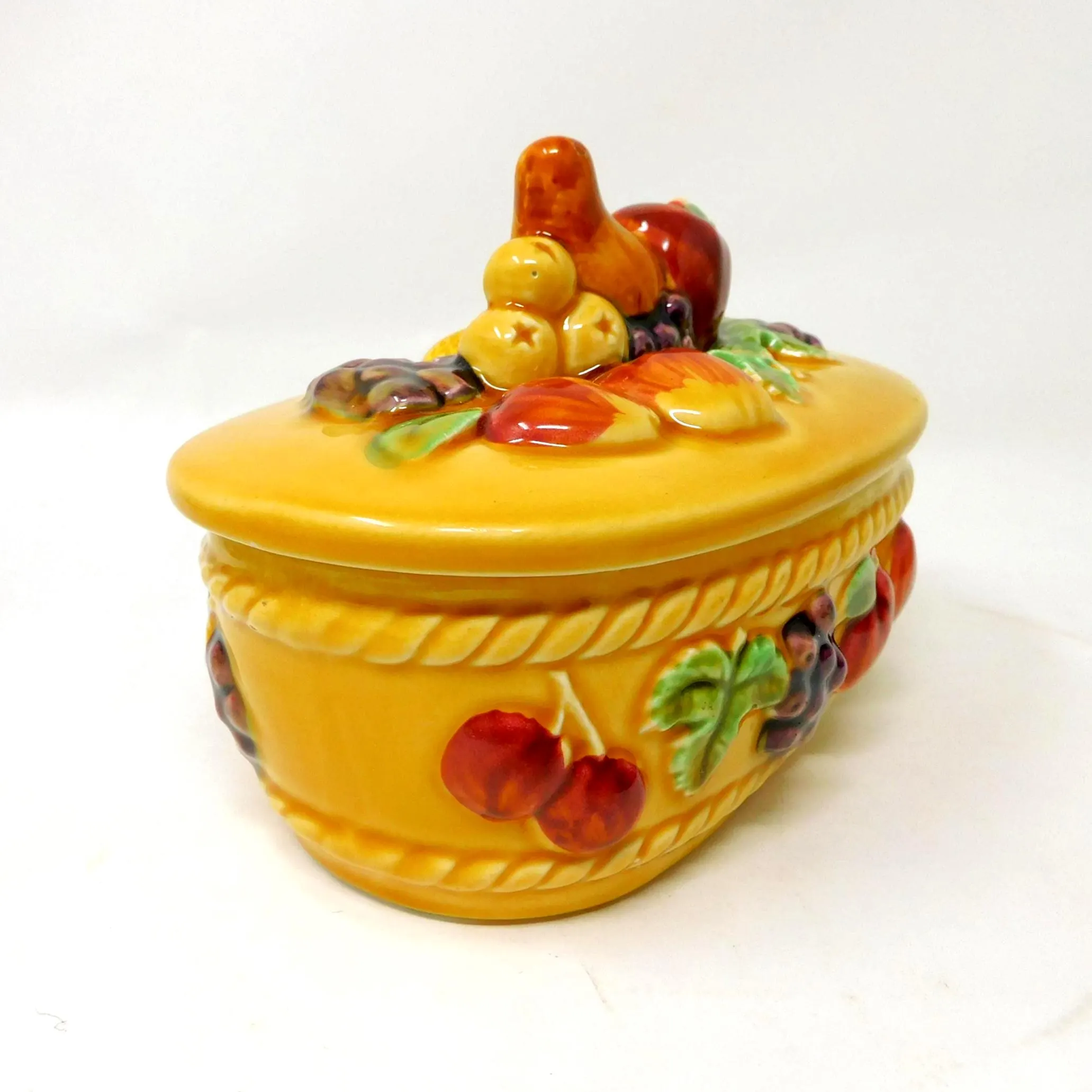 French Sarreguemines Majolica Lidded Dish Fruit Decor Covered Box Yellow Ceramic Trinket Bonbon Dish - image 3