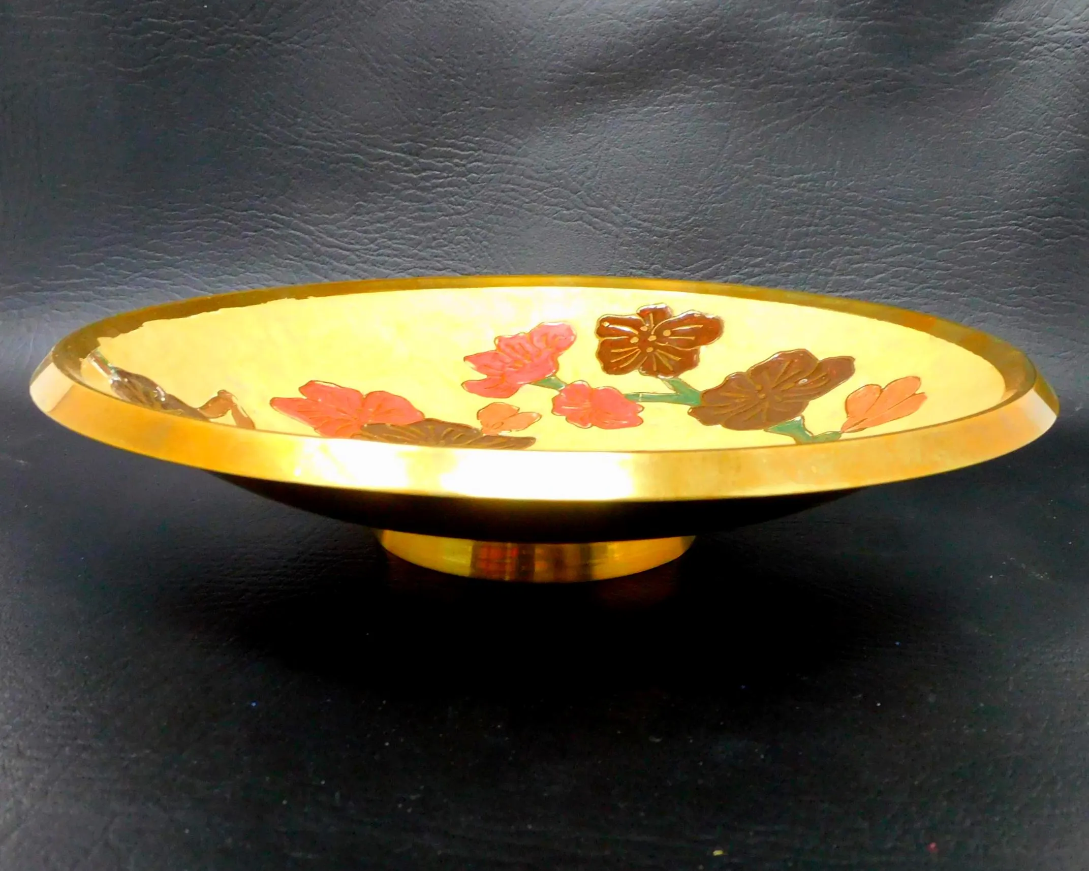 Vintage Hand-Enamelled Brass Floral Bowl, Decorative Lotus Design, 10" Diameter, Mid-Century Enamelware - image 3