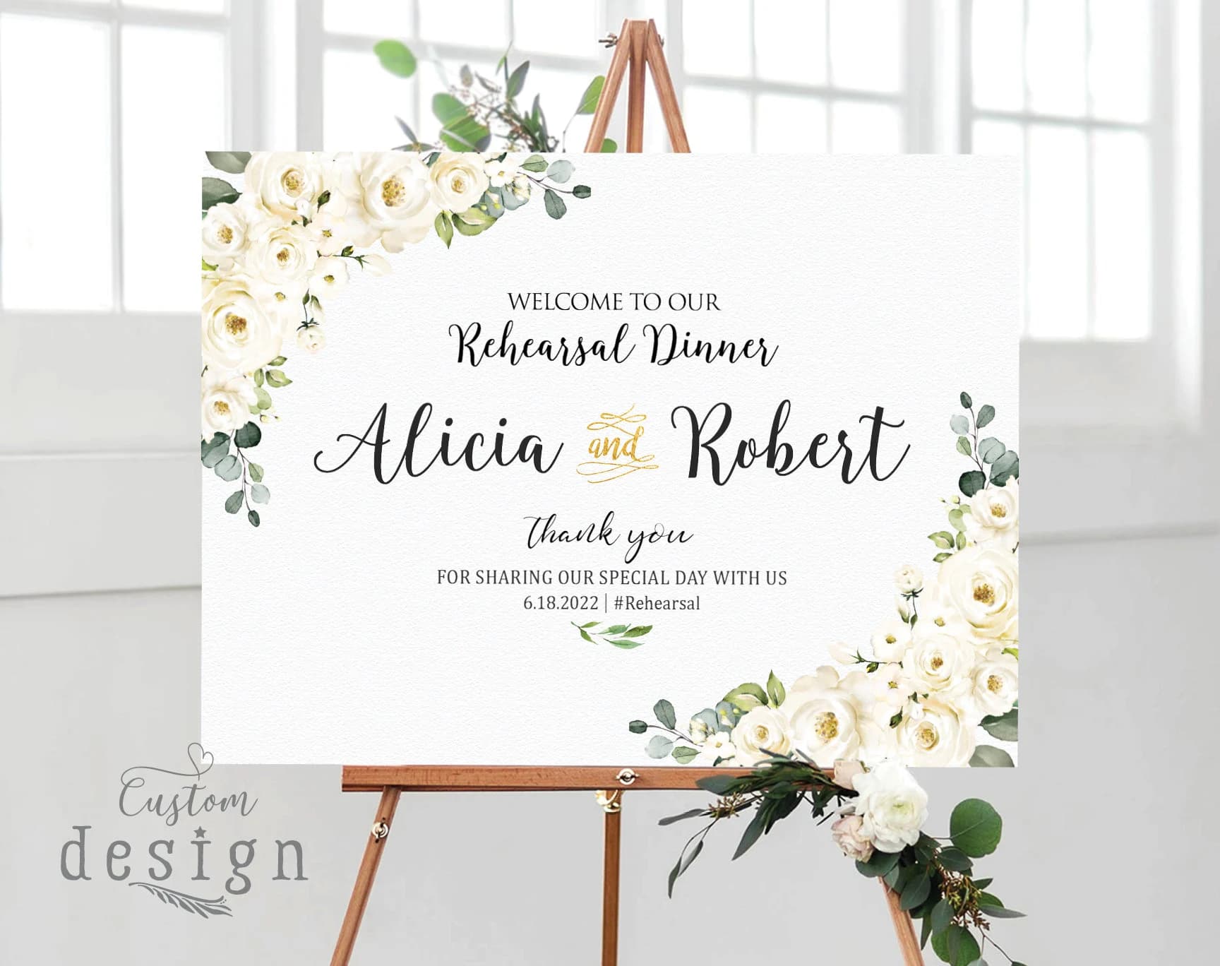 Rehearsal Dinner Sign, Wedding Rehearsal Sign, White rose Decor, Engagement welcome sign, Wedding welcome sign, White Rose Rehearsal Decor - image 4