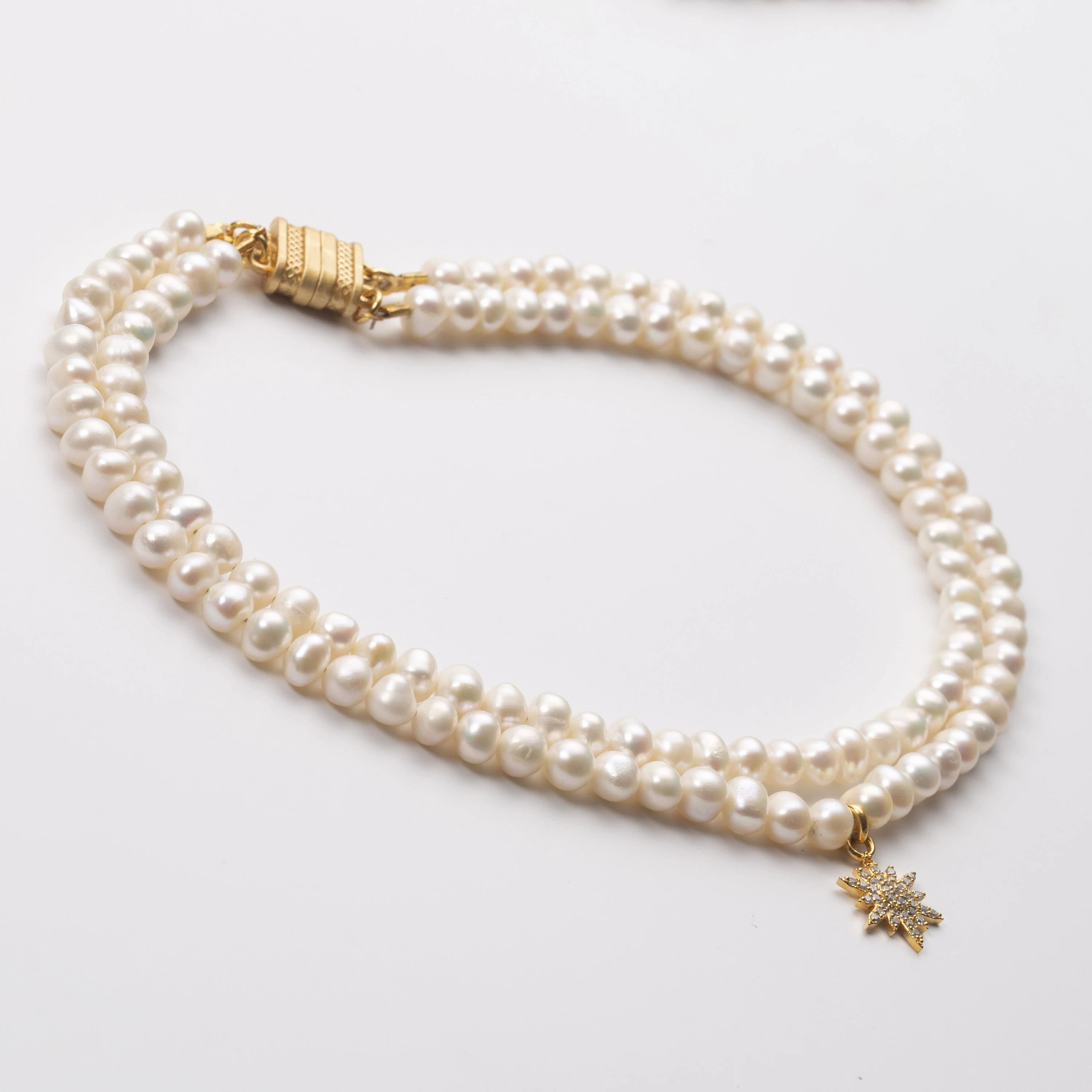 Double Level Pink PEARL NECKLACE SET with Gold Plating Star Brooch / Handmade - image 4