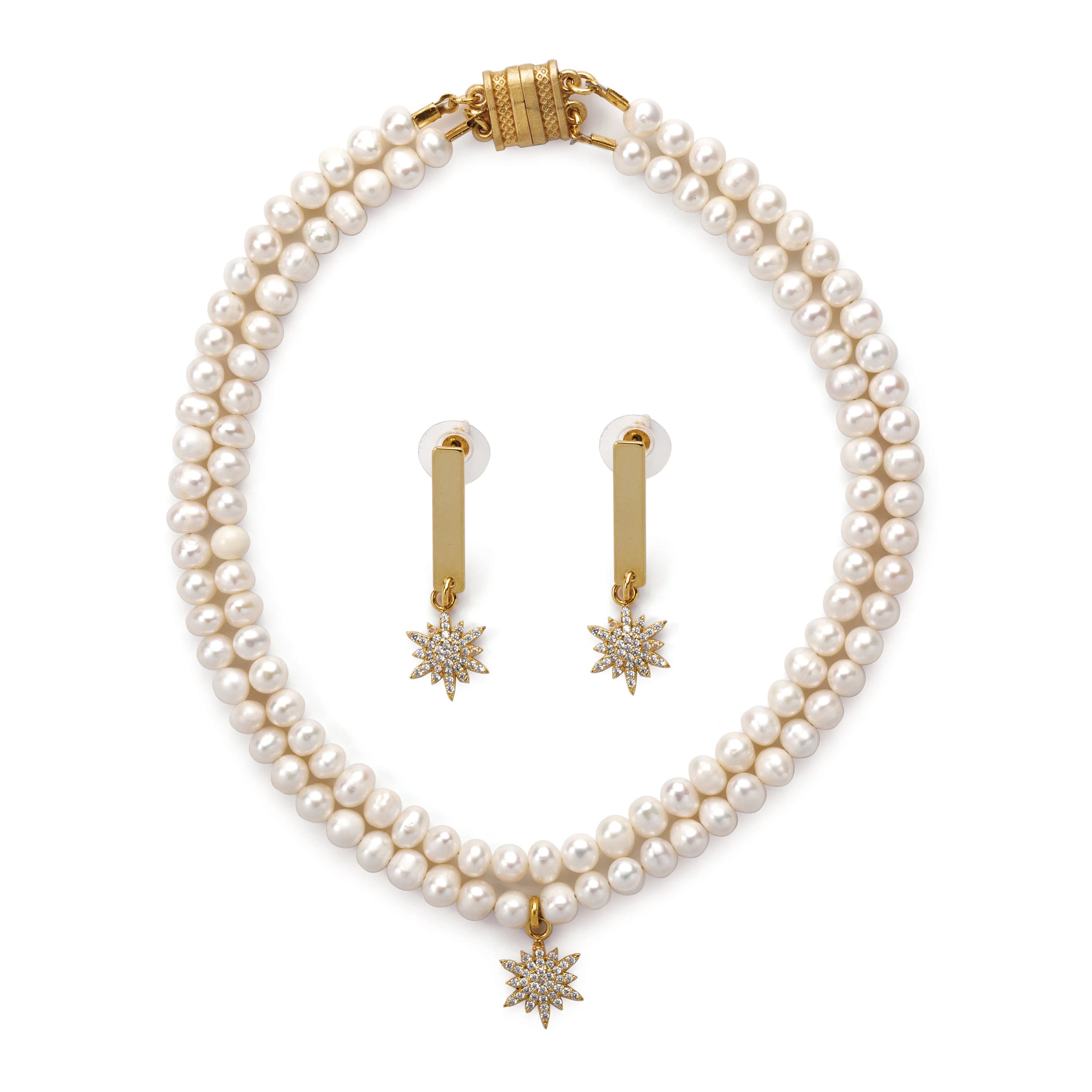 Double Level Pink PEARL NECKLACE SET with Gold Plating Star Brooch / Handmade