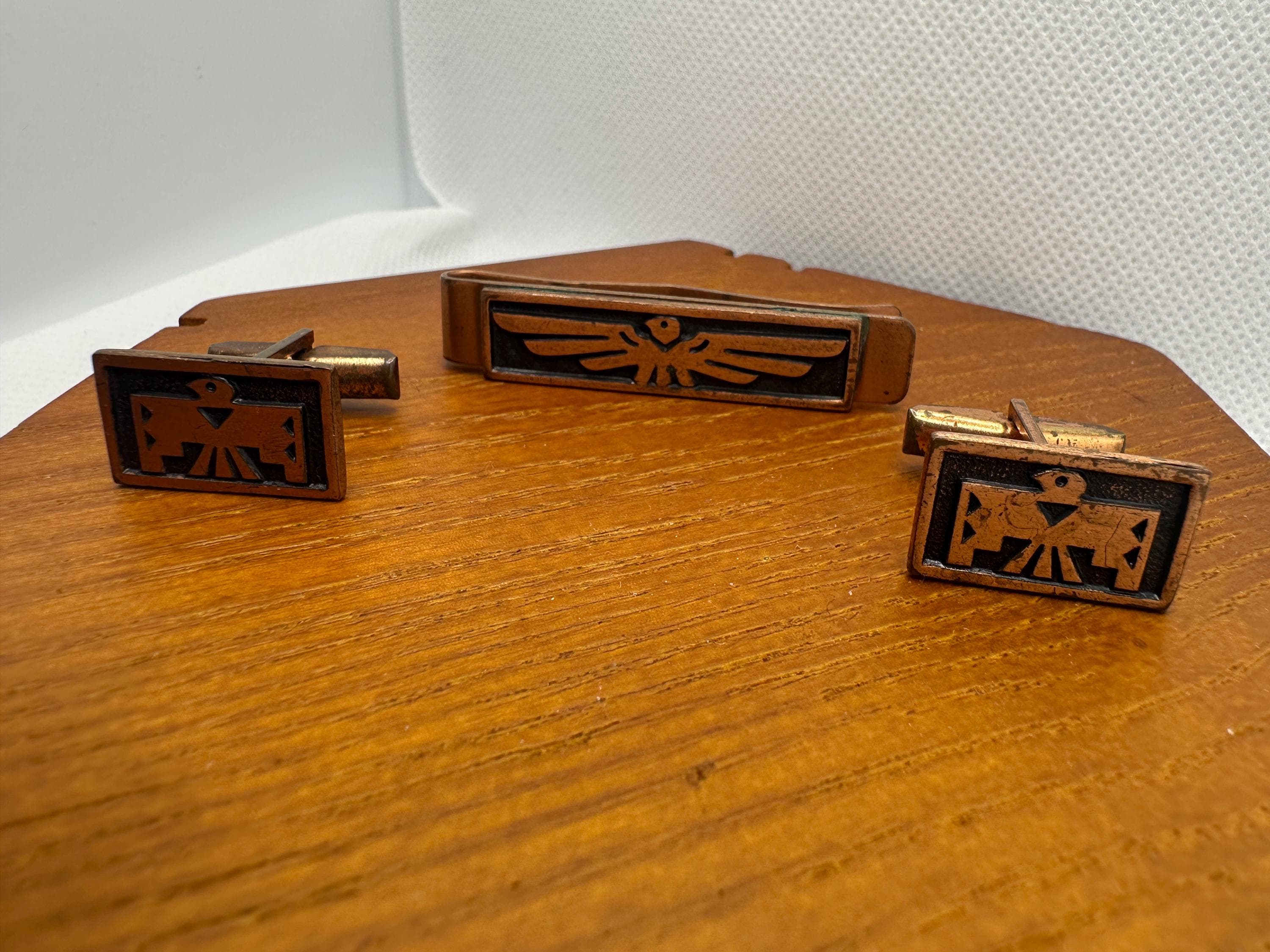 Vintage Copper Cufflinks and Tie Clip Matching Set: Southwestern Thunderbird, Indigenous Symbol - image 4