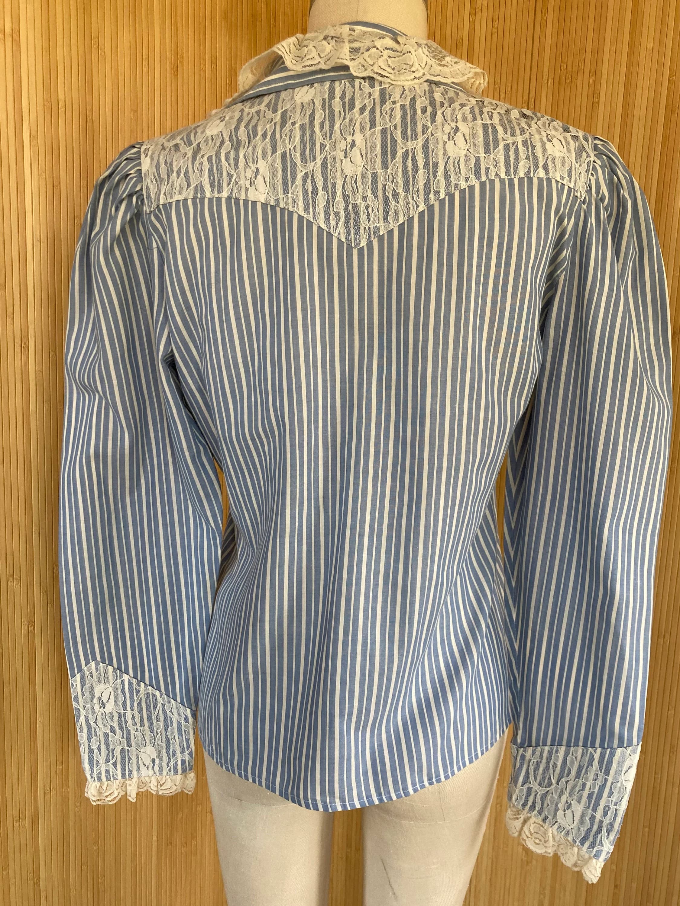 1980s Kenny Rogers Striped Lace-trimmed Blouse - image 4