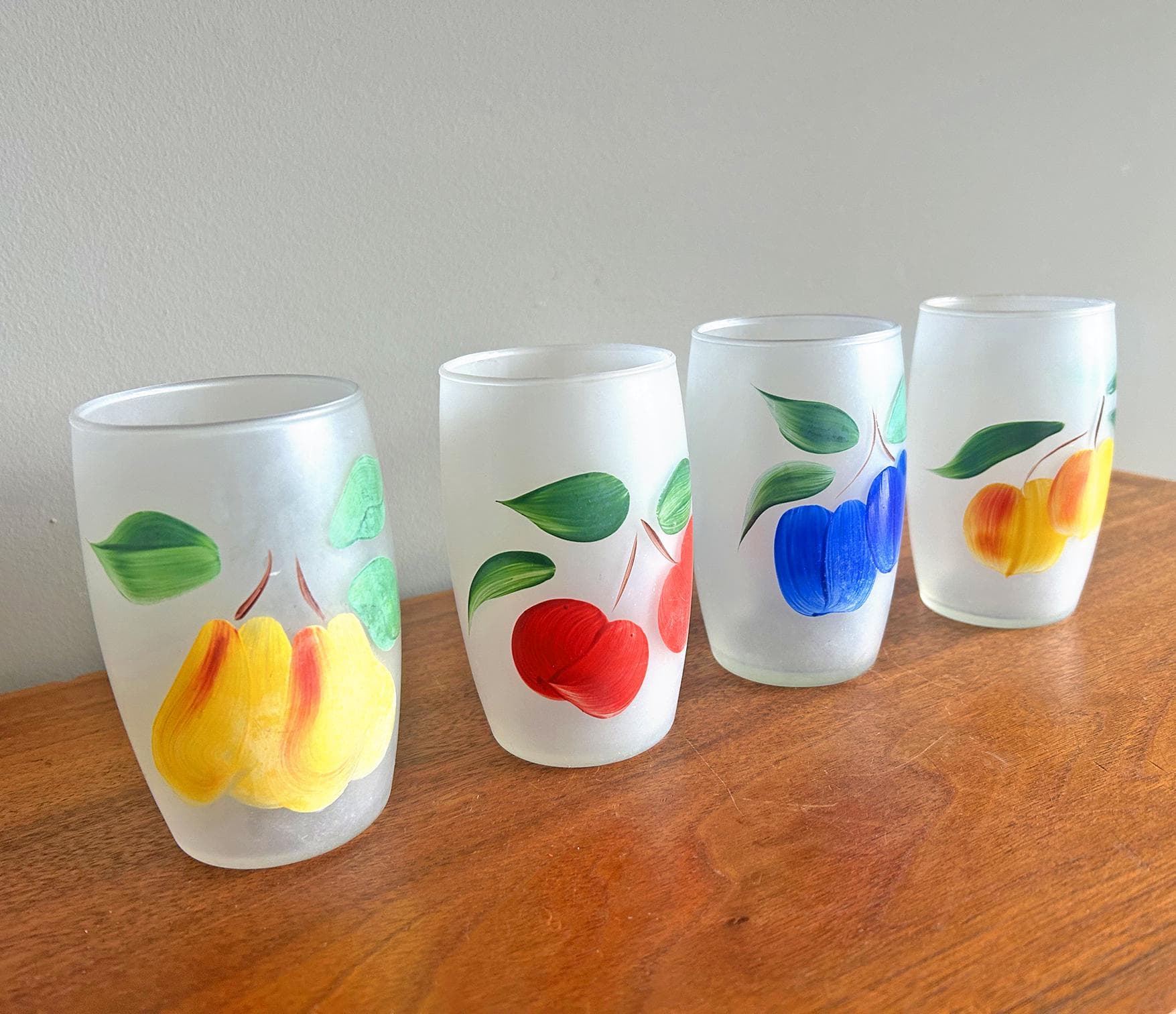 Vintage Bartlett Collins Gay Fad Handpainted Fruit Frosted 12 oz Barrel Glasses - Set of 4 - image 3