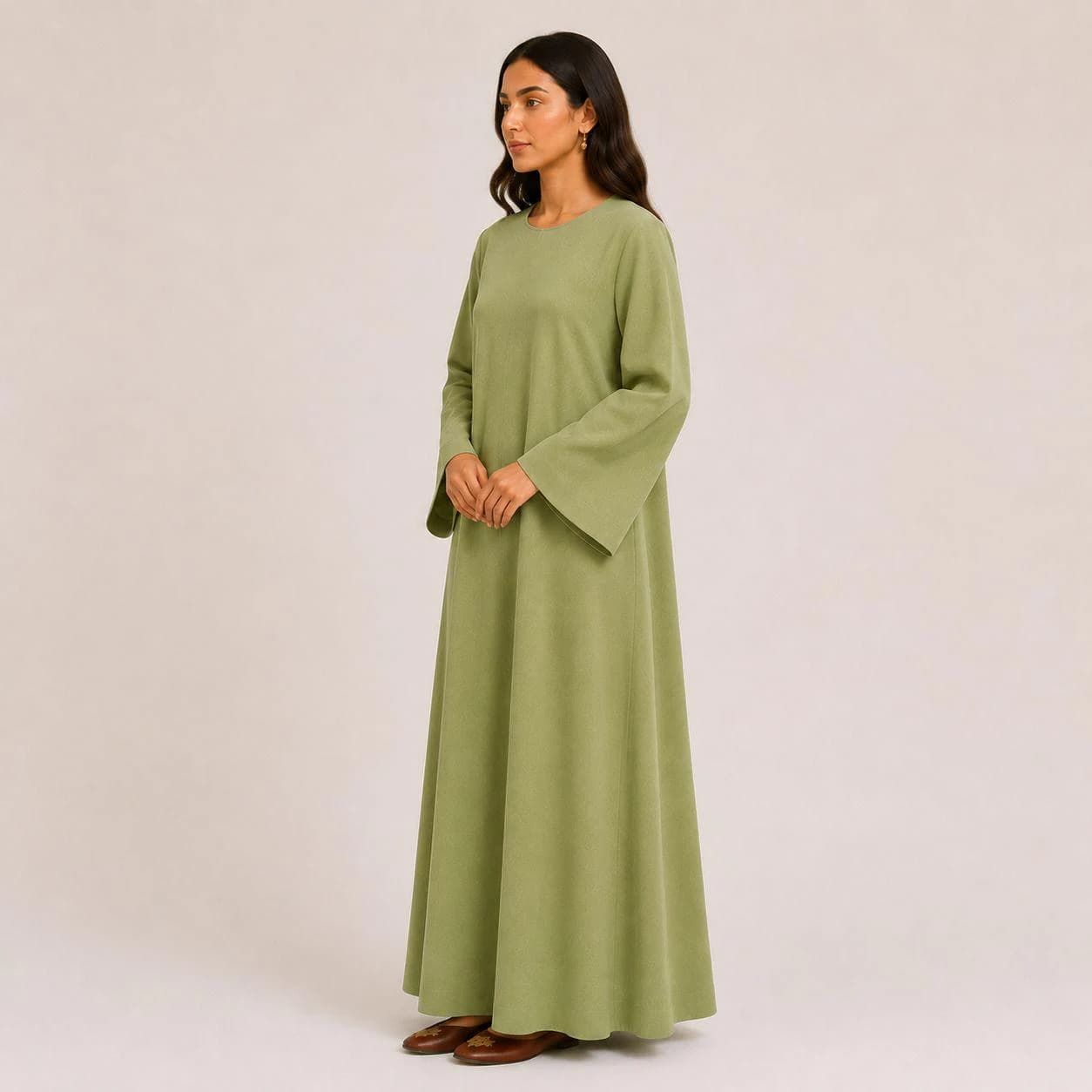 Pistachio Green Linen Abaya Dress Flare Sleeves – Dubai Bell Sleeve Abayas – Handmade Kaftan Dresses - image 3