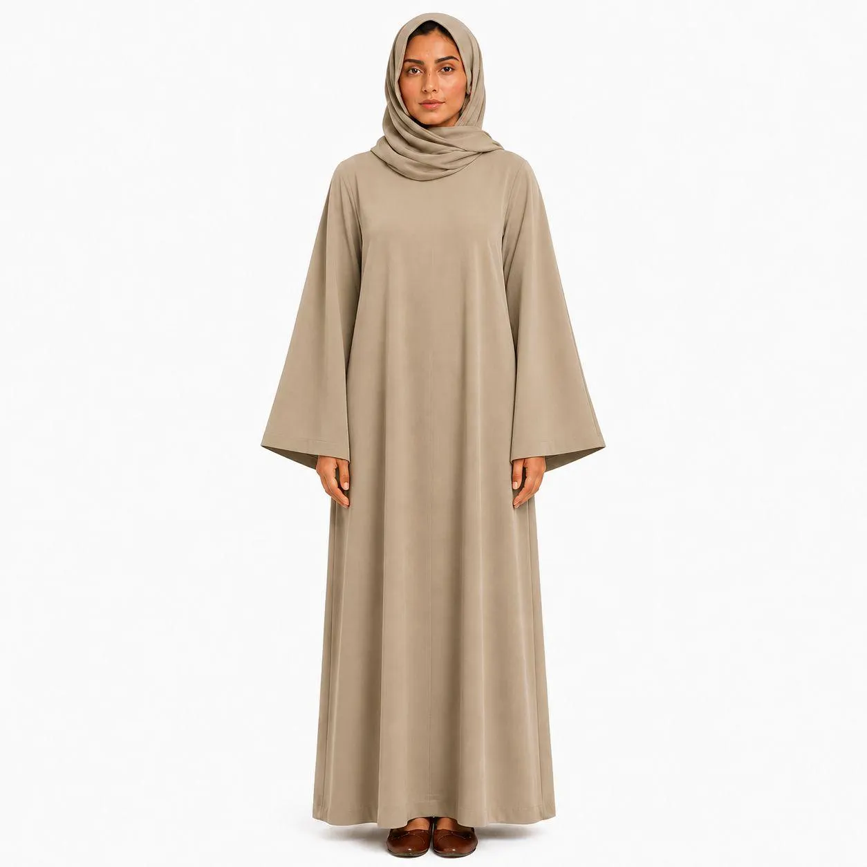 Warm Greige Linen Abaya Dress with Bell Sleeves – Formal Abaya for Women – Islamic Dresses - image 3